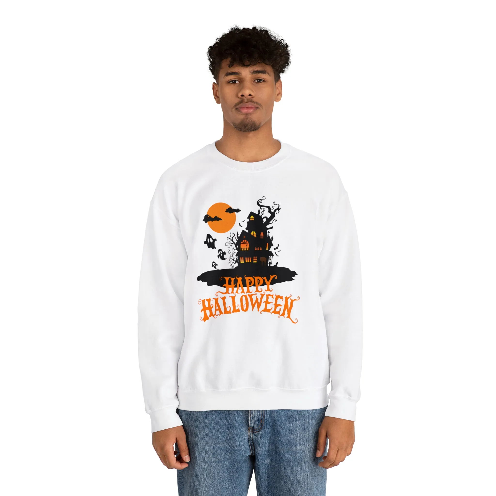 Happy Halloween Scary House Sweatshirt, Haunted Ghost Pullover, Creepy Halloween Crewneck Sweatshirt, Unisex Heavy Blend Sweatshirt