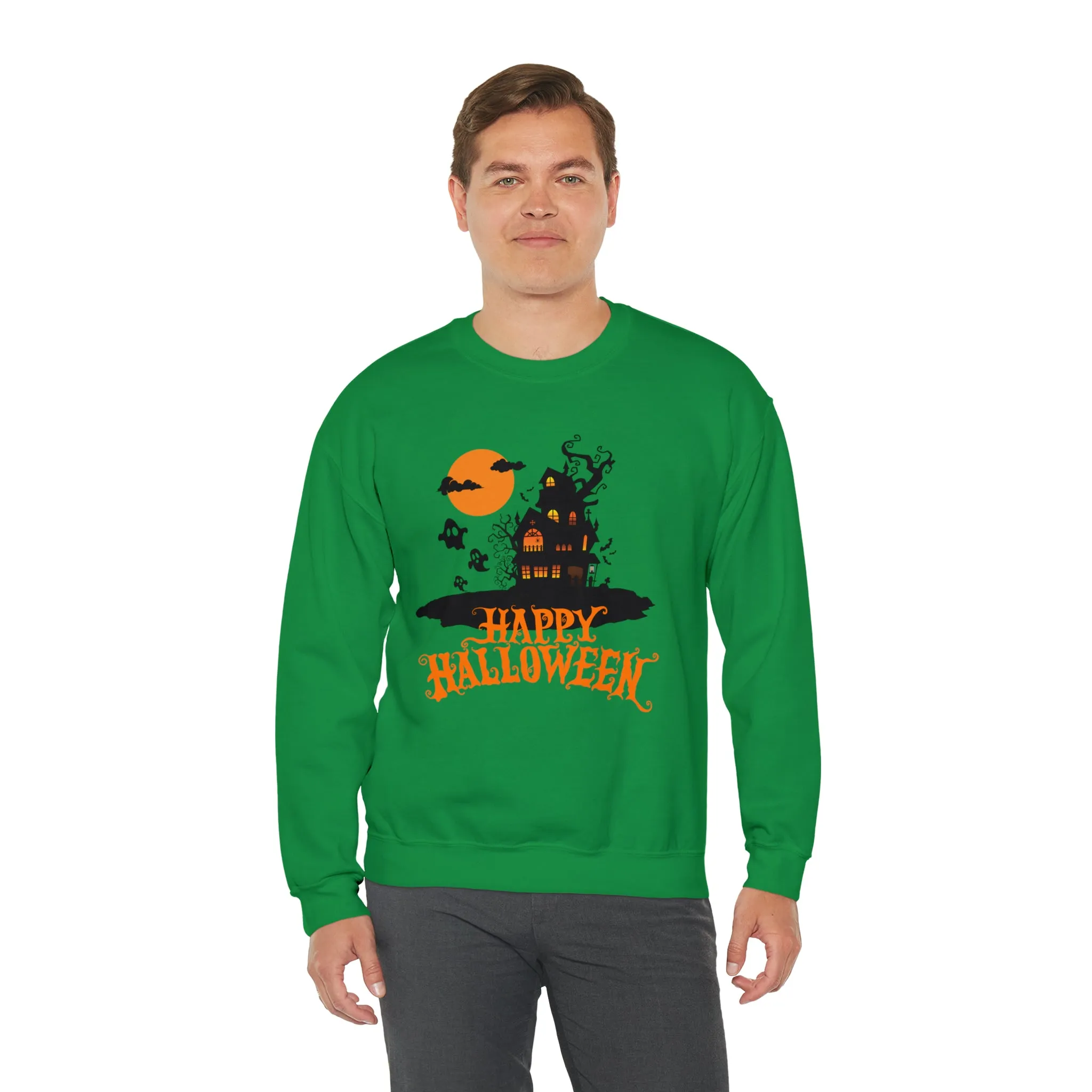 Happy Halloween Scary House Sweatshirt, Haunted Ghost Pullover, Creepy Halloween Crewneck Sweatshirt, Unisex Heavy Blend Sweatshirt