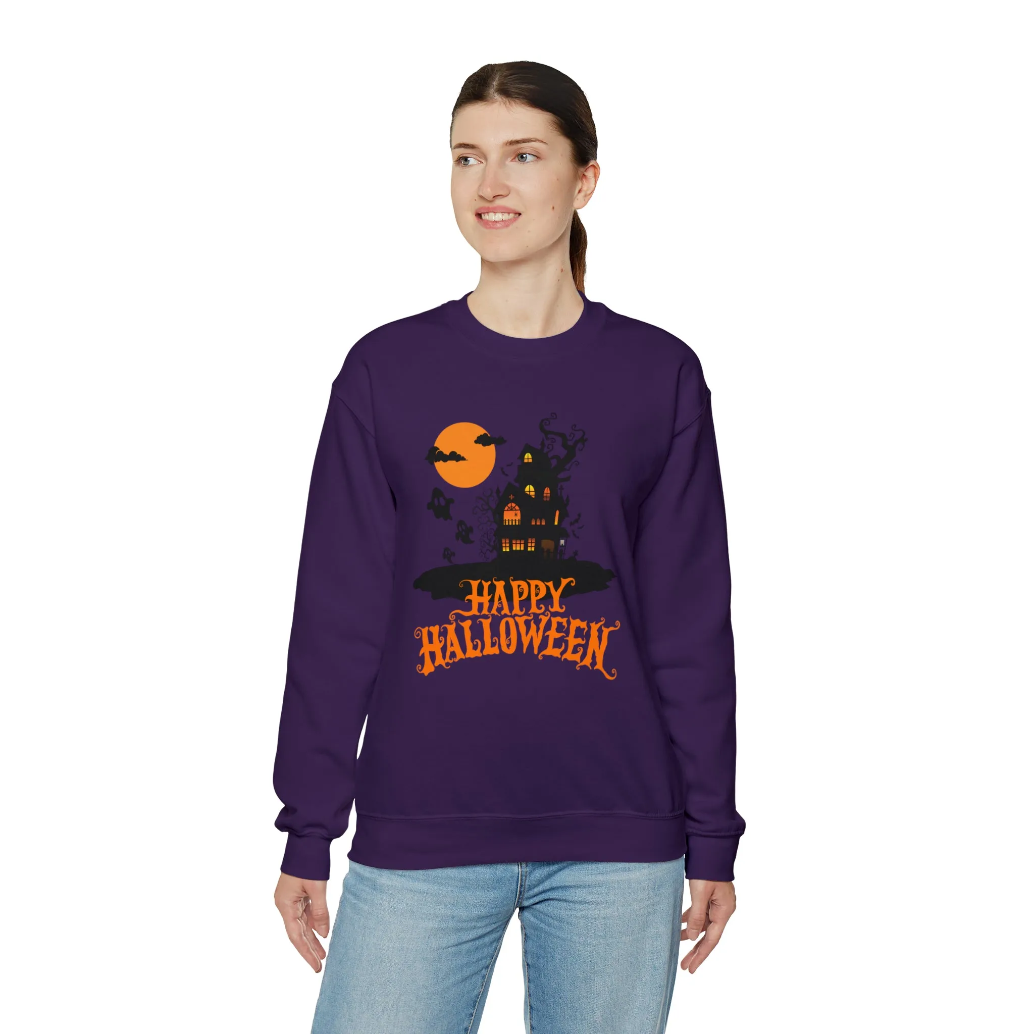 Happy Halloween Scary House Sweatshirt, Haunted Ghost Pullover, Creepy Halloween Crewneck Sweatshirt, Unisex Heavy Blend Sweatshirt