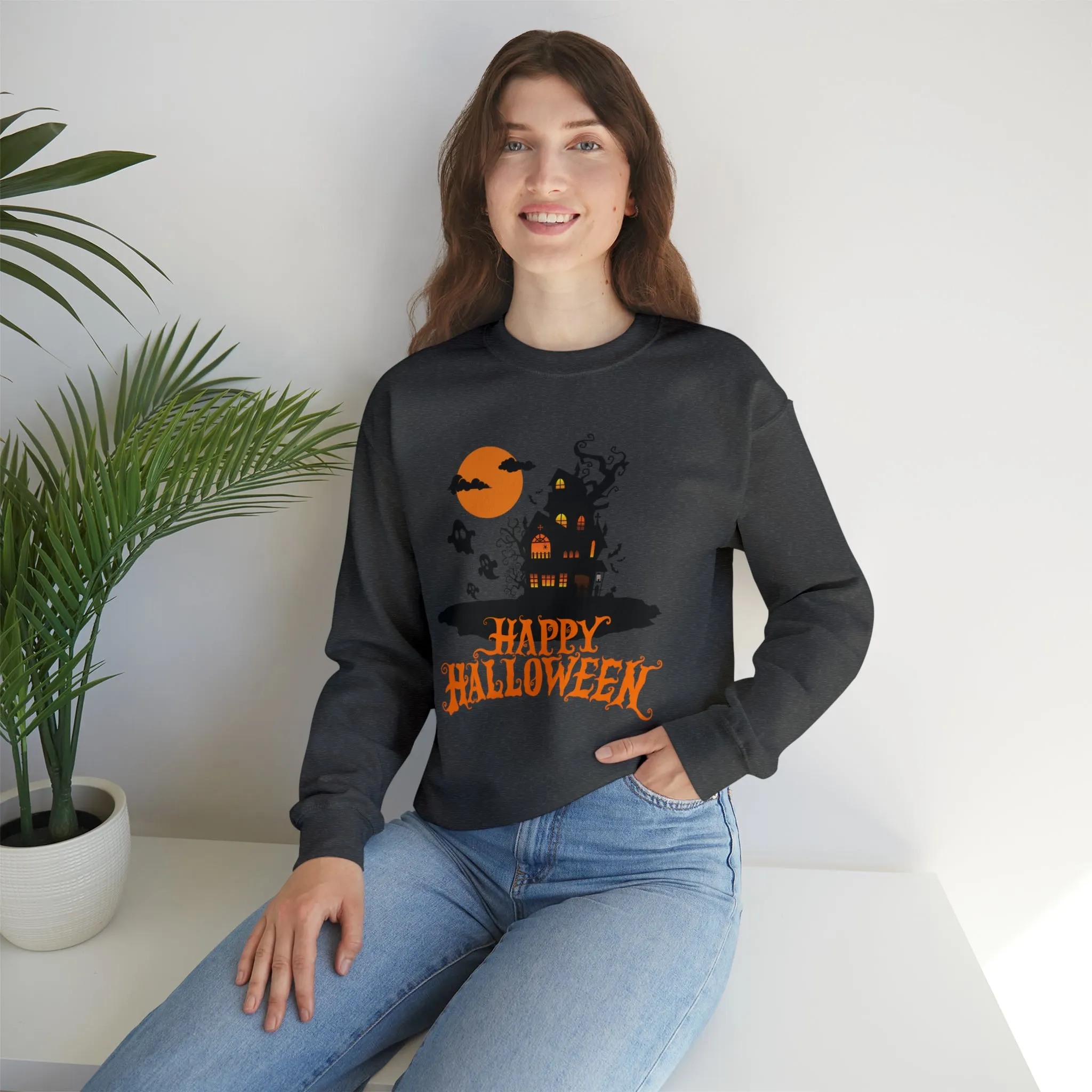 Happy Halloween Scary House Sweatshirt, Haunted Ghost Pullover, Creepy Halloween Crewneck Sweatshirt, Unisex Heavy Blend Sweatshirt