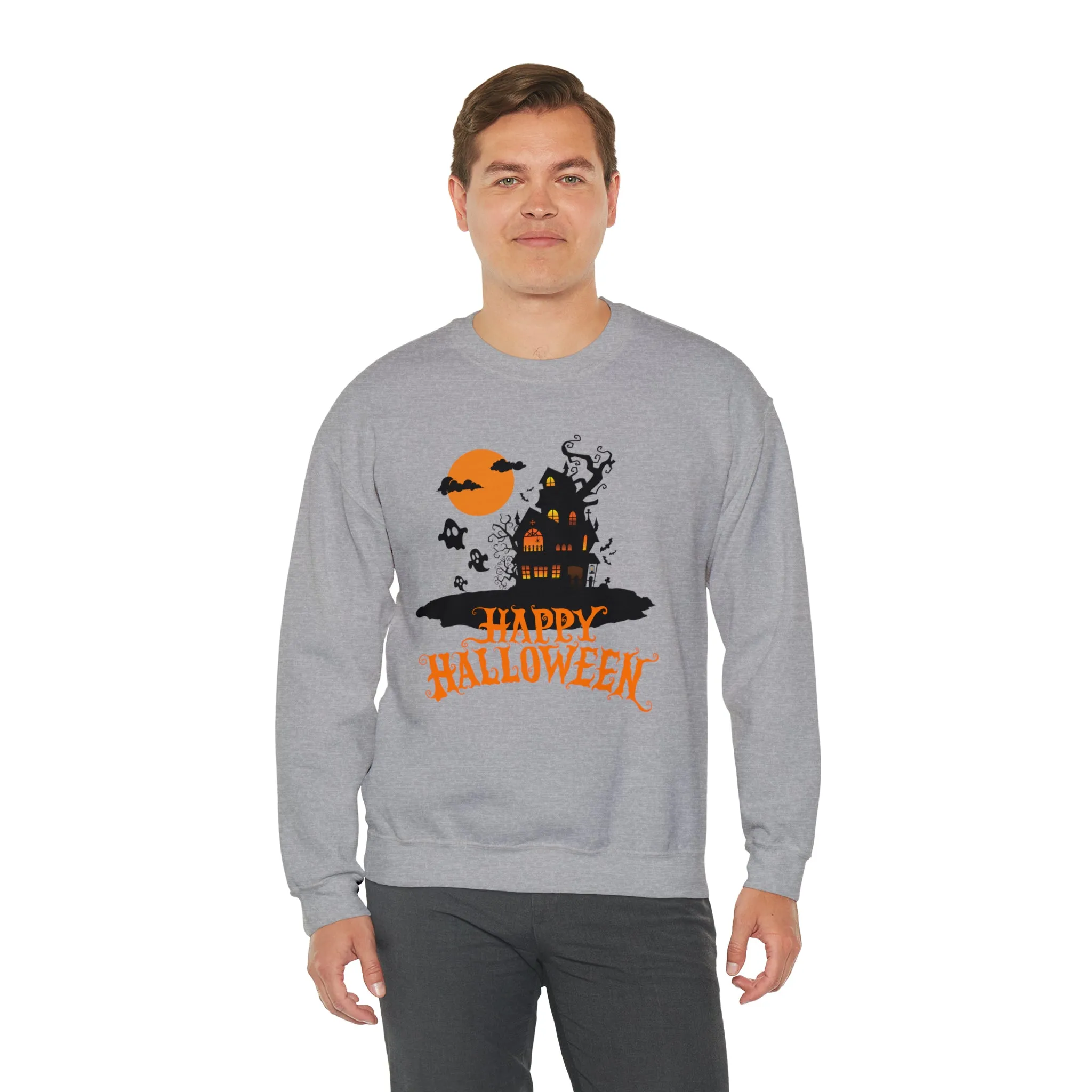 Happy Halloween Scary House Sweatshirt, Haunted Ghost Pullover, Creepy Halloween Crewneck Sweatshirt, Unisex Heavy Blend Sweatshirt