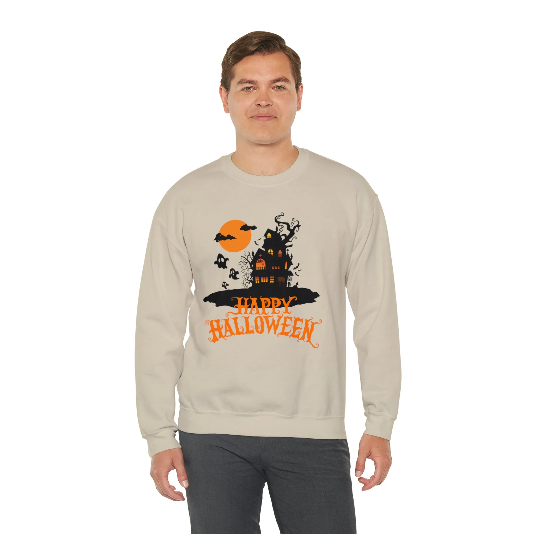 Happy Halloween Scary House Sweatshirt, Haunted Ghost Pullover, Creepy Halloween Crewneck Sweatshirt, Unisex Heavy Blend Sweatshirt