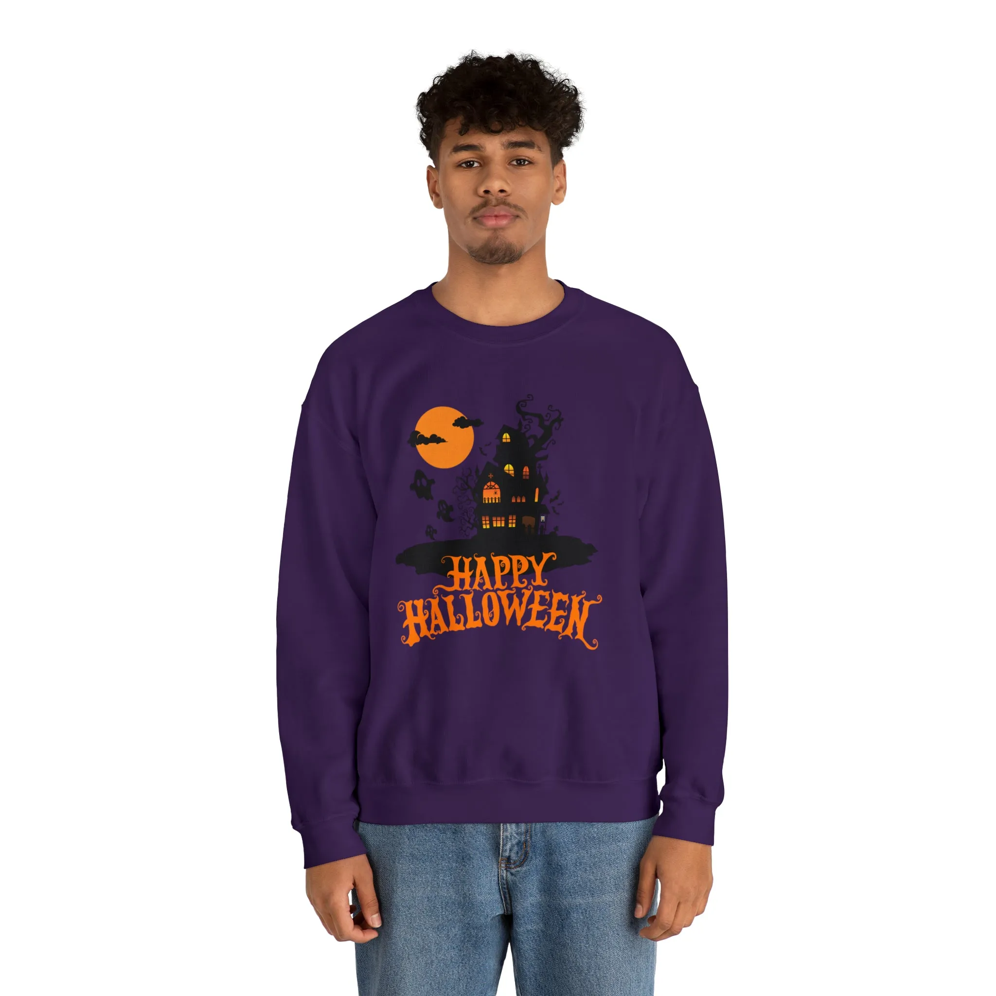 Happy Halloween Scary House Sweatshirt, Haunted Ghost Pullover, Creepy Halloween Crewneck Sweatshirt, Unisex Heavy Blend Sweatshirt