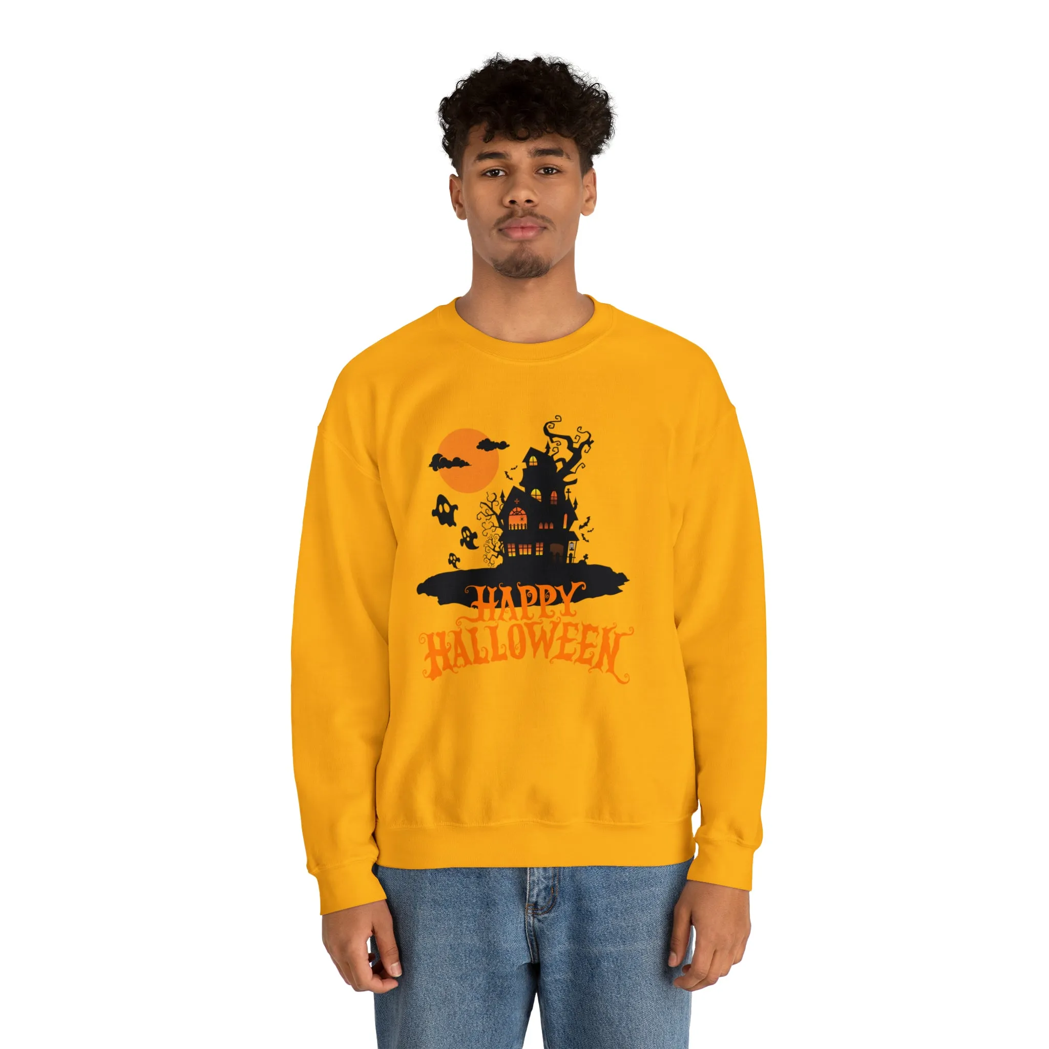 Happy Halloween Scary House Sweatshirt, Haunted Ghost Pullover, Creepy Halloween Crewneck Sweatshirt, Unisex Heavy Blend Sweatshirt