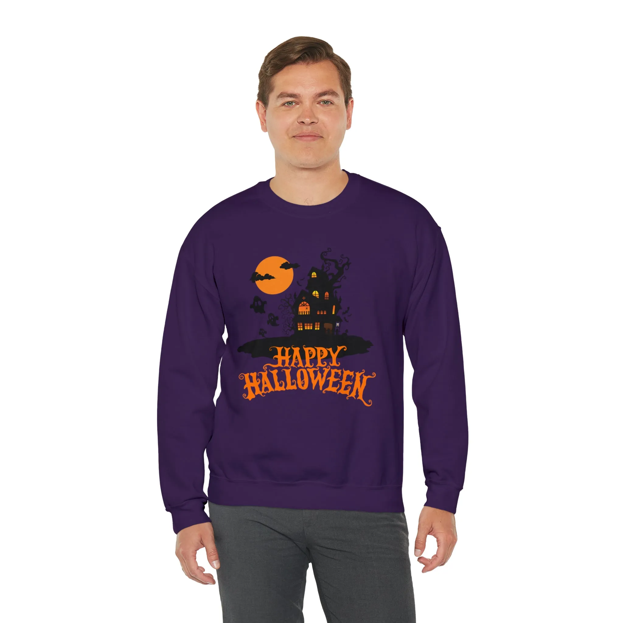 Happy Halloween Scary House Sweatshirt, Haunted Ghost Pullover, Creepy Halloween Crewneck Sweatshirt, Unisex Heavy Blend Sweatshirt