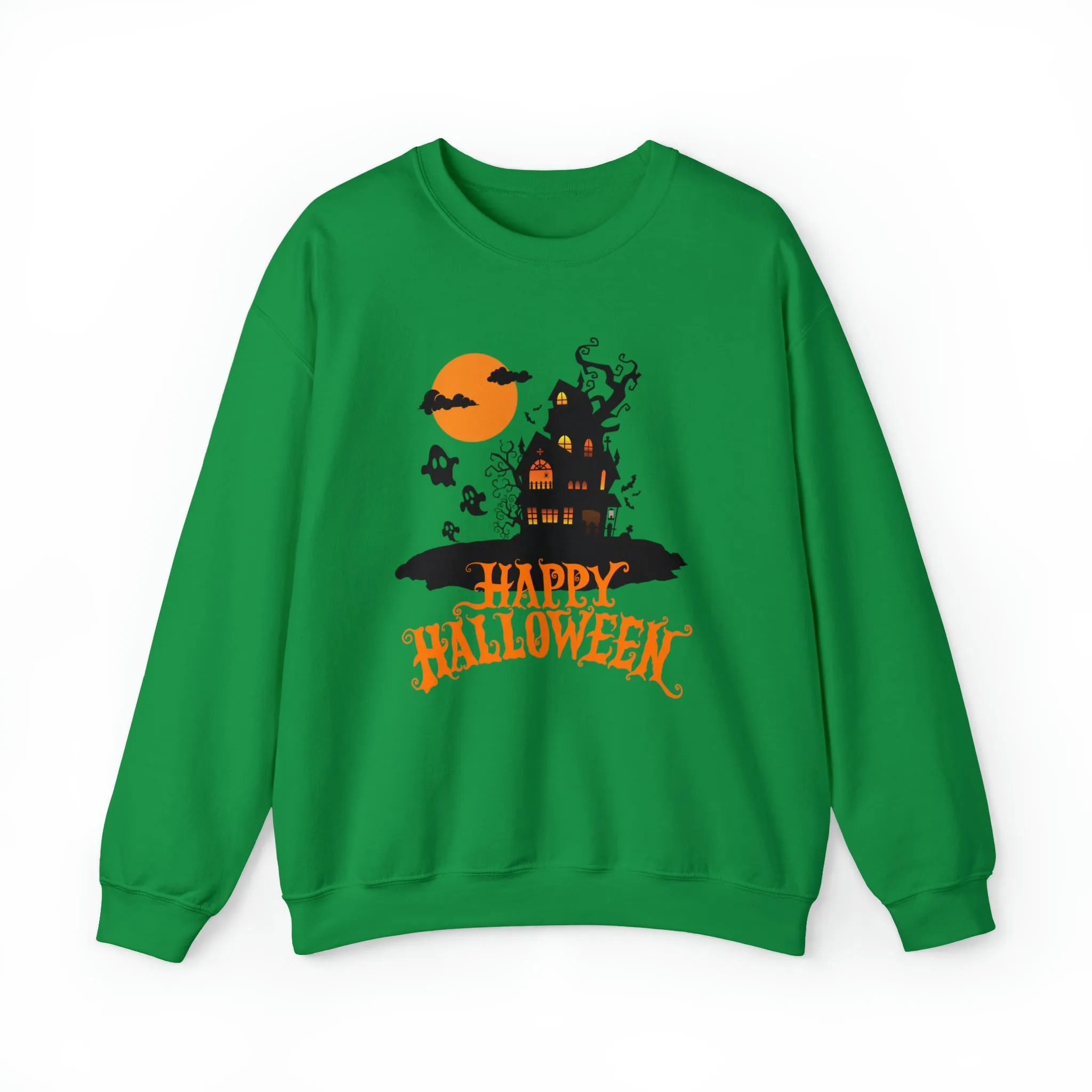 Happy Halloween Scary House Sweatshirt, Haunted Ghost Pullover, Creepy Halloween Crewneck Sweatshirt, Unisex Heavy Blend Sweatshirt