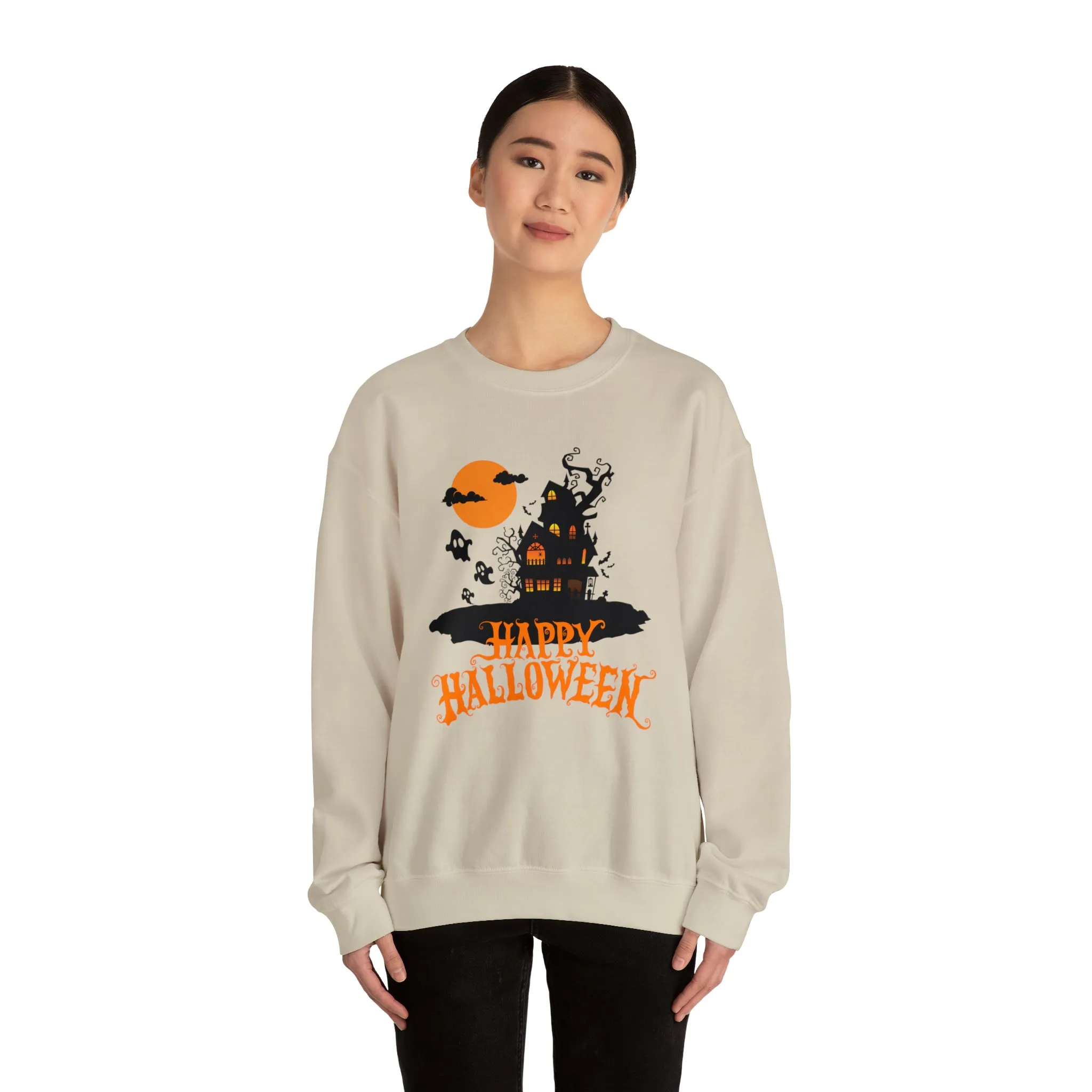 Happy Halloween Scary House Sweatshirt, Haunted Ghost Pullover, Creepy Halloween Crewneck Sweatshirt, Unisex Heavy Blend Sweatshirt