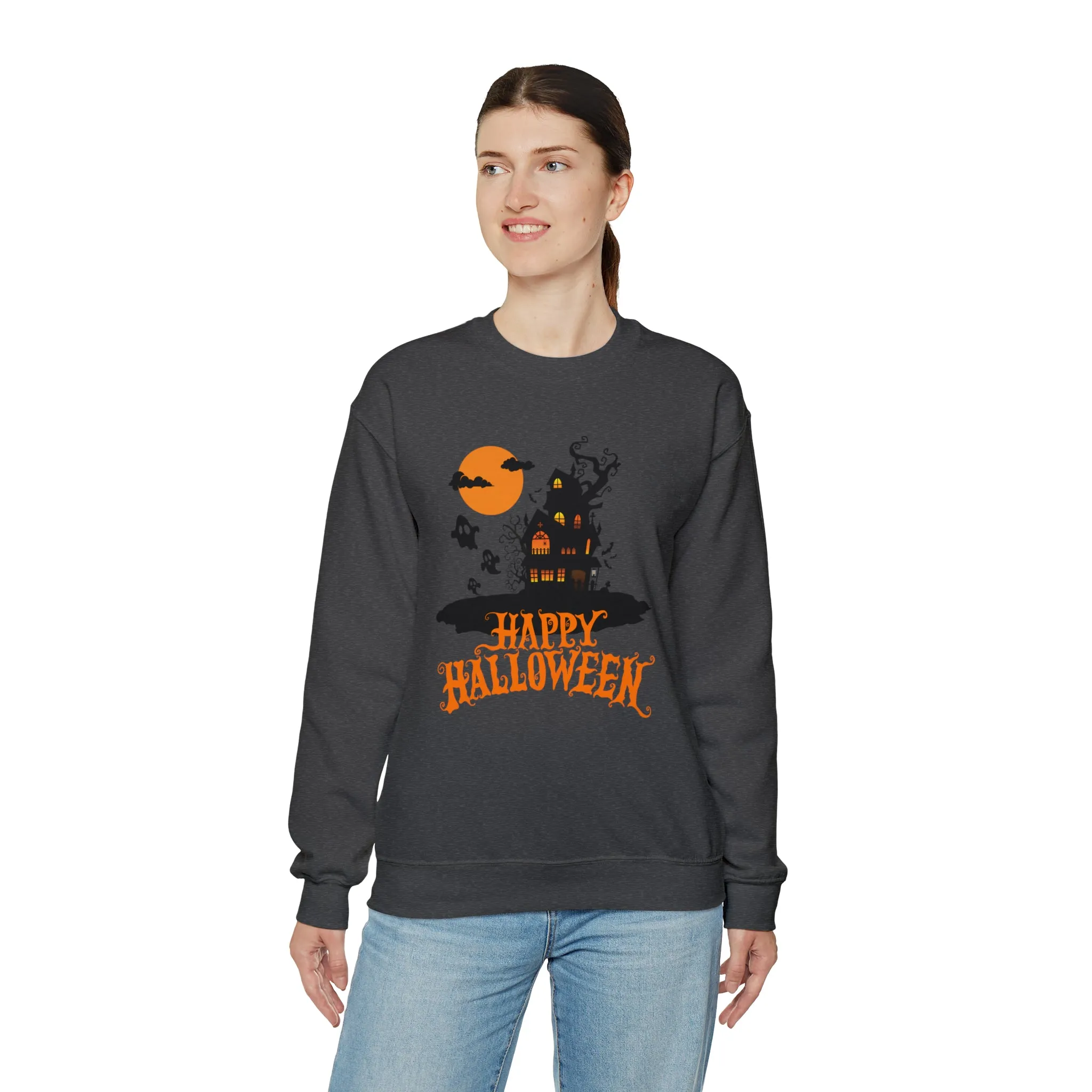 Happy Halloween Scary House Sweatshirt, Haunted Ghost Pullover, Creepy Halloween Crewneck Sweatshirt, Unisex Heavy Blend Sweatshirt