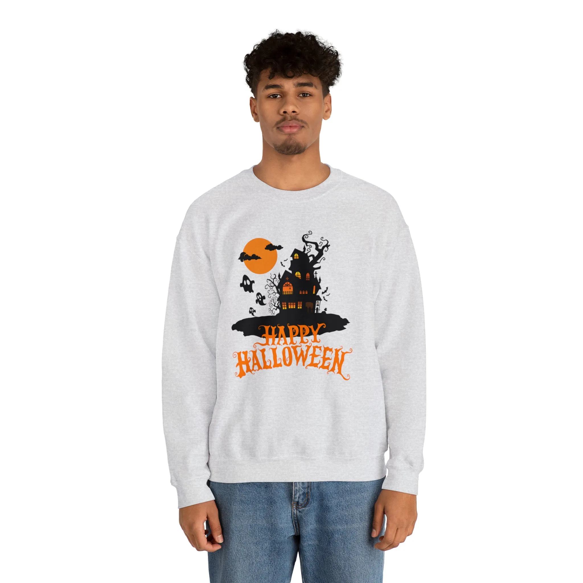 Happy Halloween Scary House Sweatshirt, Haunted Ghost Pullover, Creepy Halloween Crewneck Sweatshirt, Unisex Heavy Blend Sweatshirt