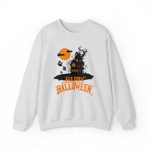 Happy Halloween Scary House Sweatshirt, Haunted Ghost Pullover, Creepy Halloween Crewneck Sweatshirt, Unisex Heavy Blend Sweatshirt