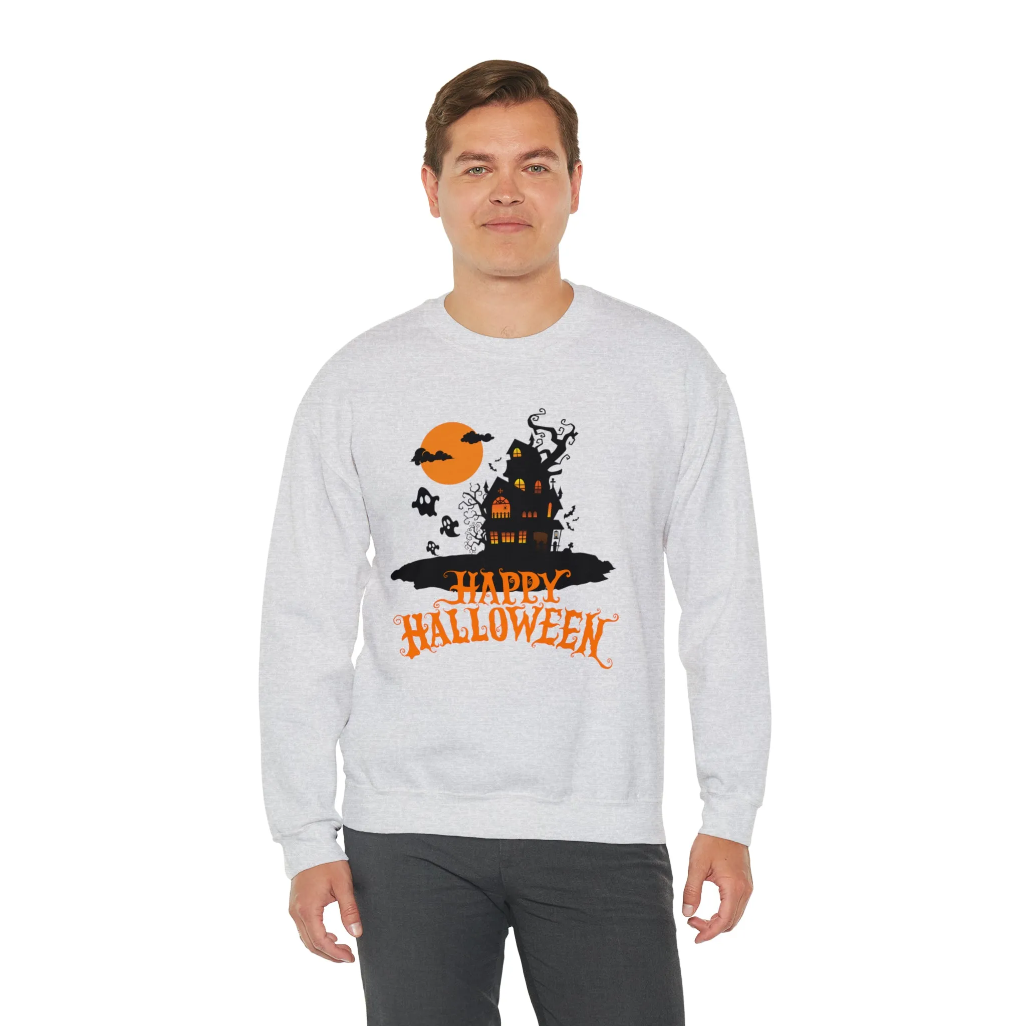 Happy Halloween Scary House Sweatshirt, Haunted Ghost Pullover, Creepy Halloween Crewneck Sweatshirt, Unisex Heavy Blend Sweatshirt