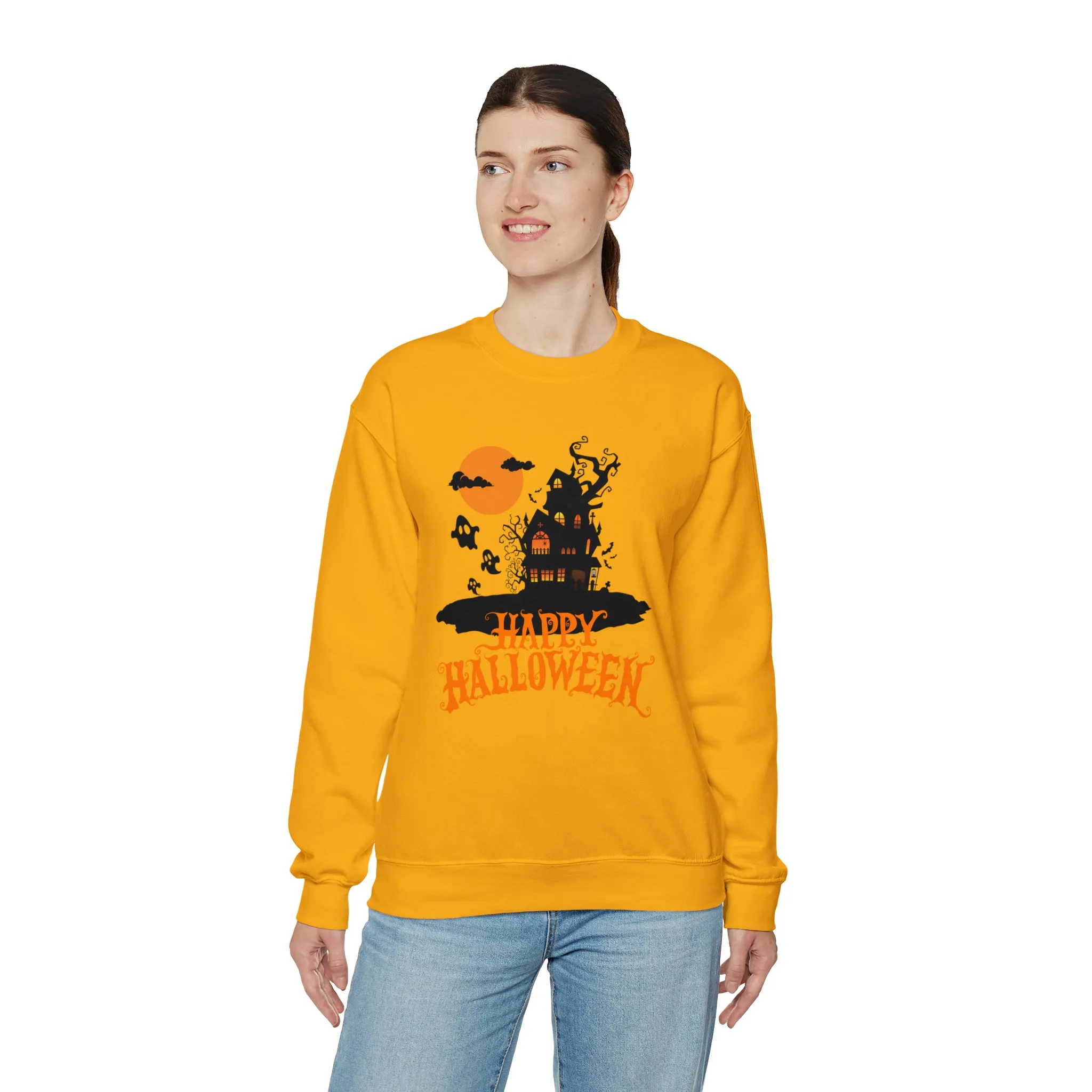 Happy Halloween Scary House Sweatshirt, Haunted Ghost Pullover, Creepy Halloween Crewneck Sweatshirt, Unisex Heavy Blend Sweatshirt