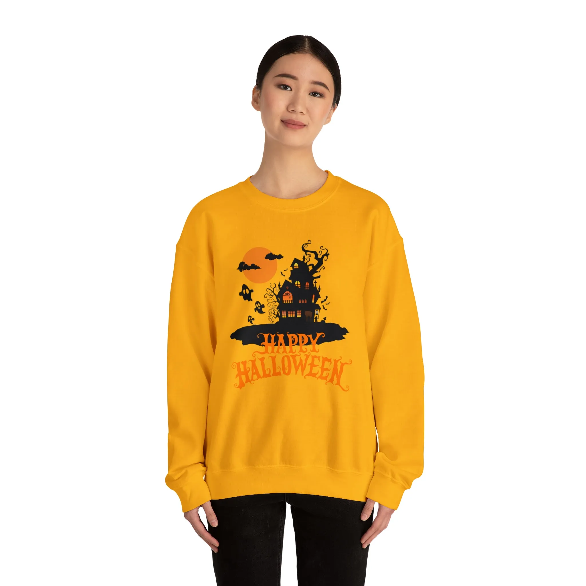 Happy Halloween Scary House Sweatshirt, Haunted Ghost Pullover, Creepy Halloween Crewneck Sweatshirt, Unisex Heavy Blend Sweatshirt