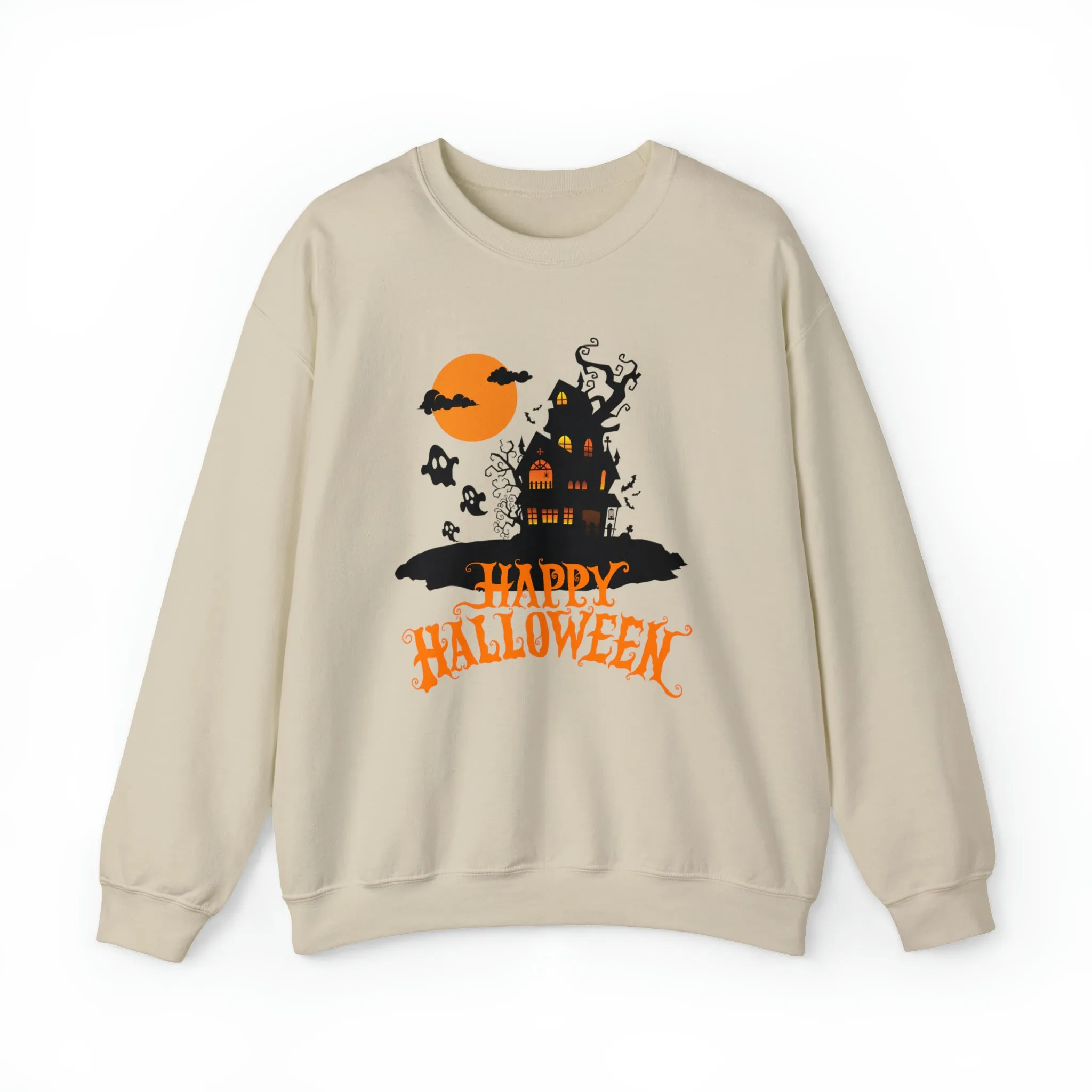 Happy Halloween Scary House Sweatshirt, Haunted Ghost Pullover, Creepy Halloween Crewneck Sweatshirt, Unisex Heavy Blend Sweatshirt
