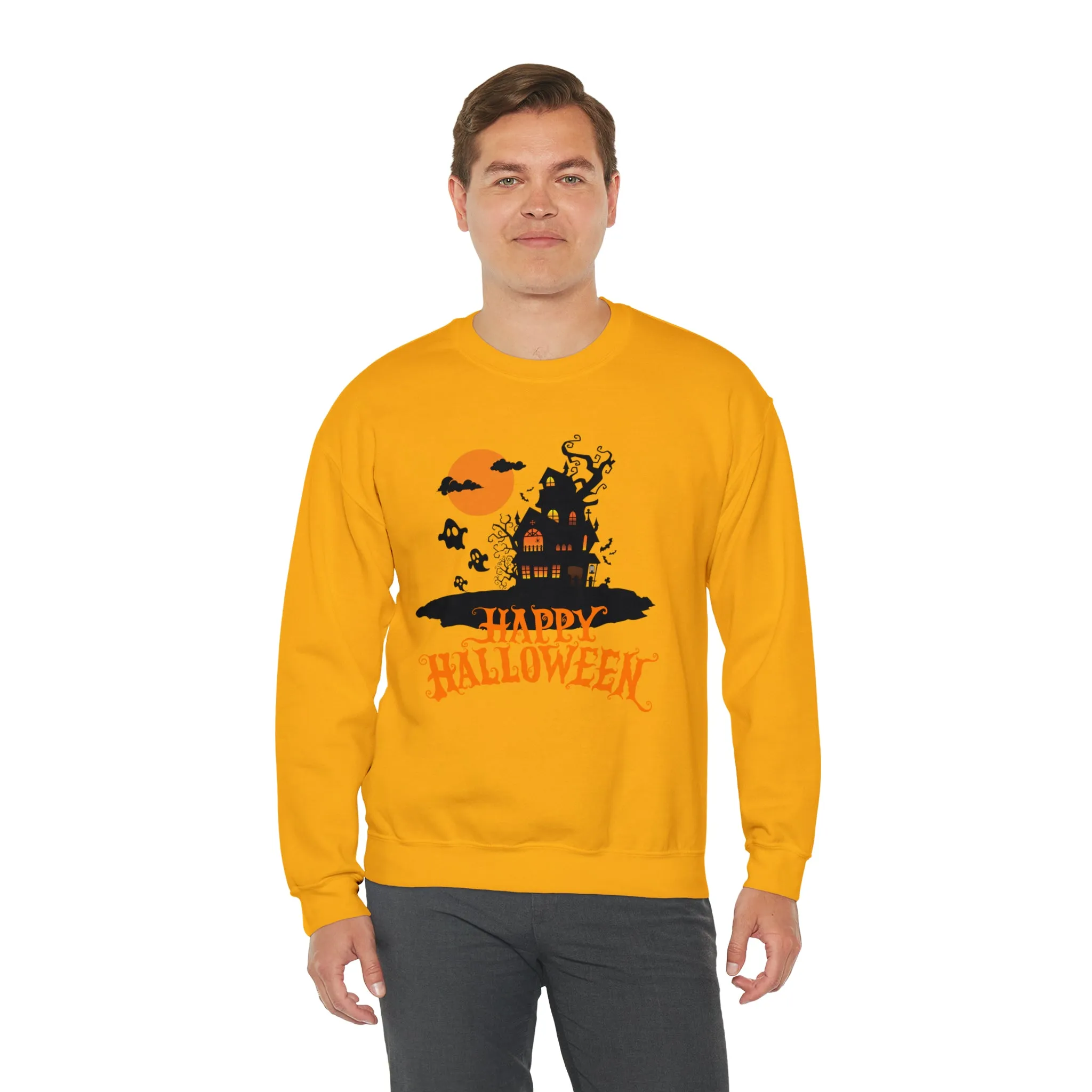 Happy Halloween Scary House Sweatshirt, Haunted Ghost Pullover, Creepy Halloween Crewneck Sweatshirt, Unisex Heavy Blend Sweatshirt