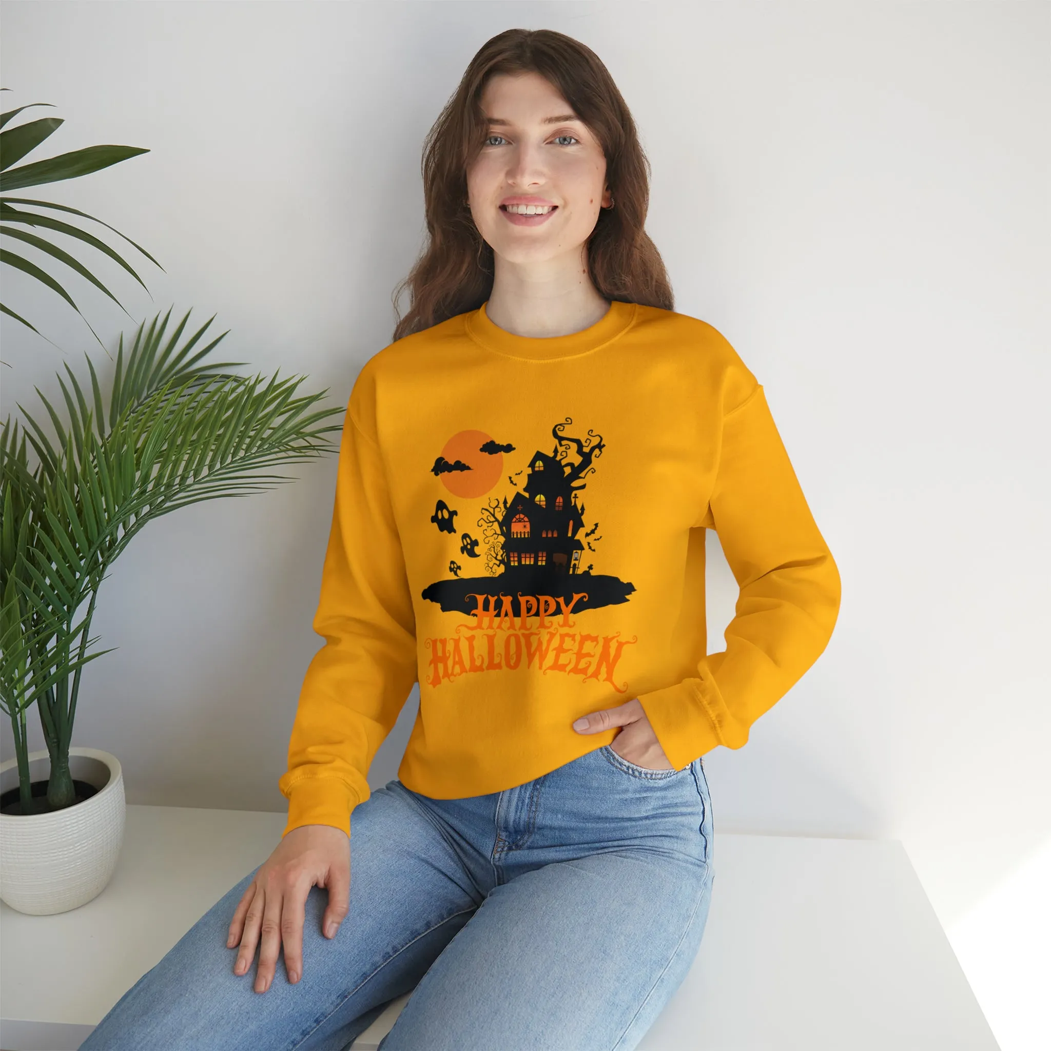Happy Halloween Scary House Sweatshirt, Haunted Ghost Pullover, Creepy Halloween Crewneck Sweatshirt, Unisex Heavy Blend Sweatshirt