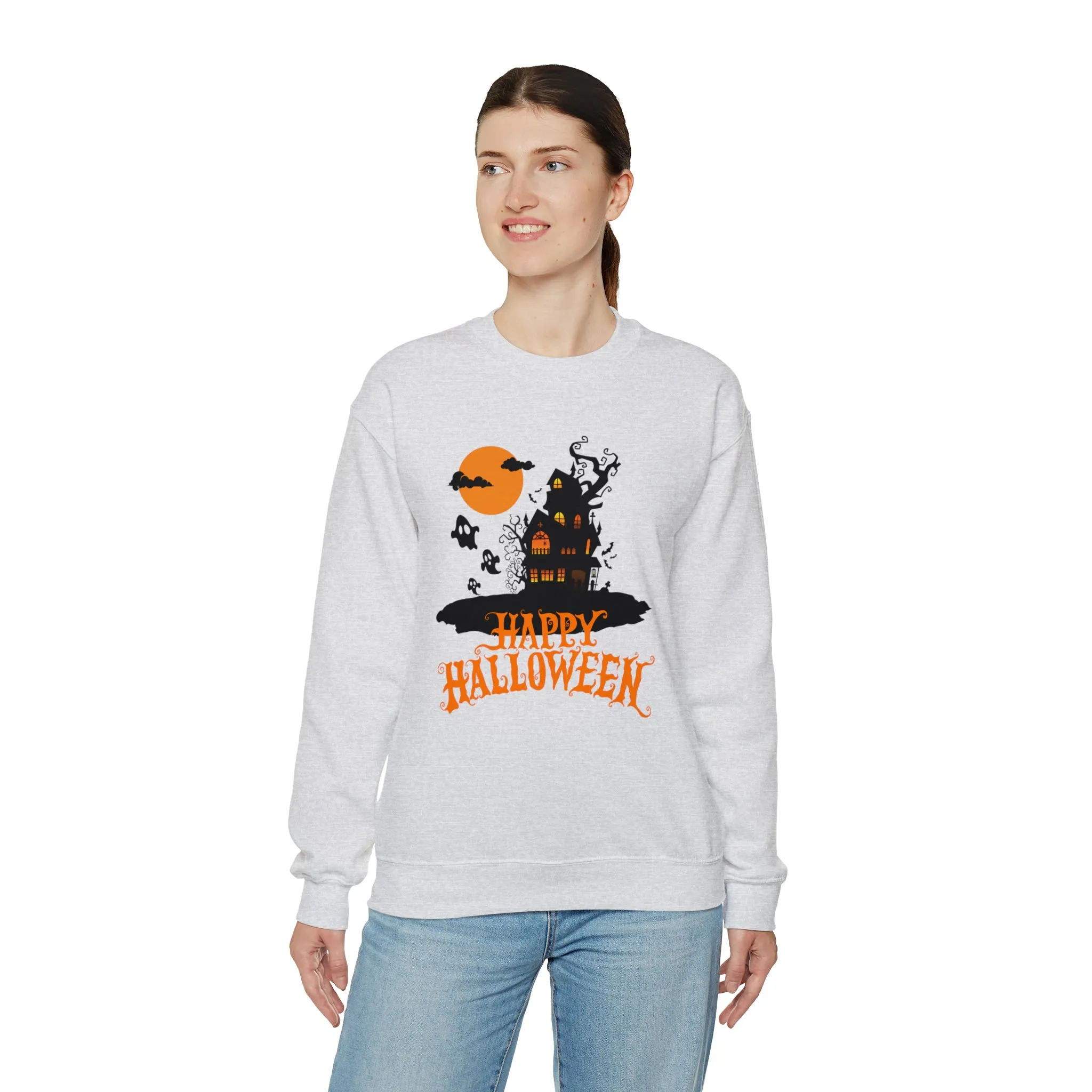 Happy Halloween Scary House Sweatshirt, Haunted Ghost Pullover, Creepy Halloween Crewneck Sweatshirt, Unisex Heavy Blend Sweatshirt