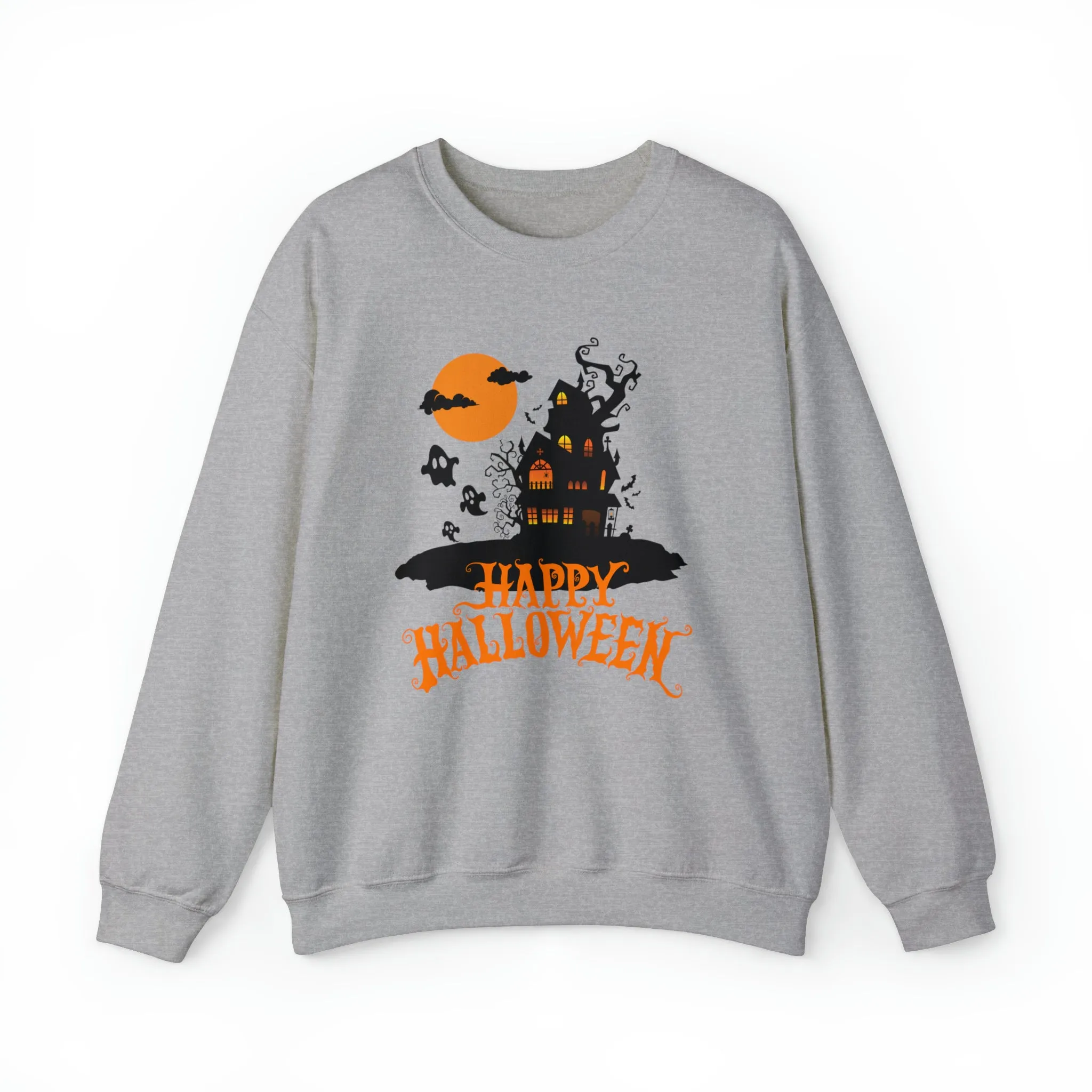 Happy Halloween Scary House Sweatshirt, Haunted Ghost Pullover, Creepy Halloween Crewneck Sweatshirt, Unisex Heavy Blend Sweatshirt