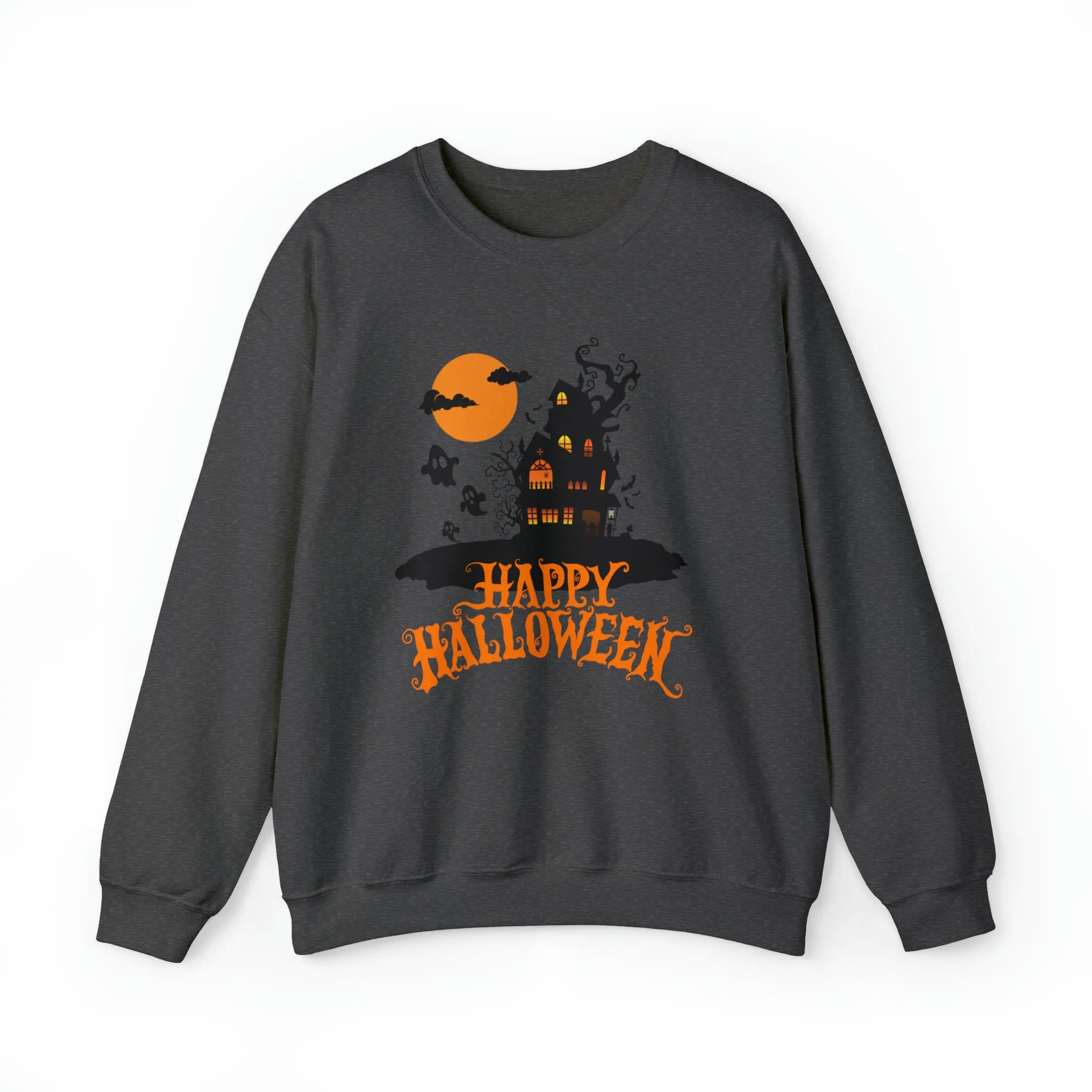 Happy Halloween Scary House Sweatshirt, Haunted Ghost Pullover, Creepy Halloween Crewneck Sweatshirt, Unisex Heavy Blend Sweatshirt