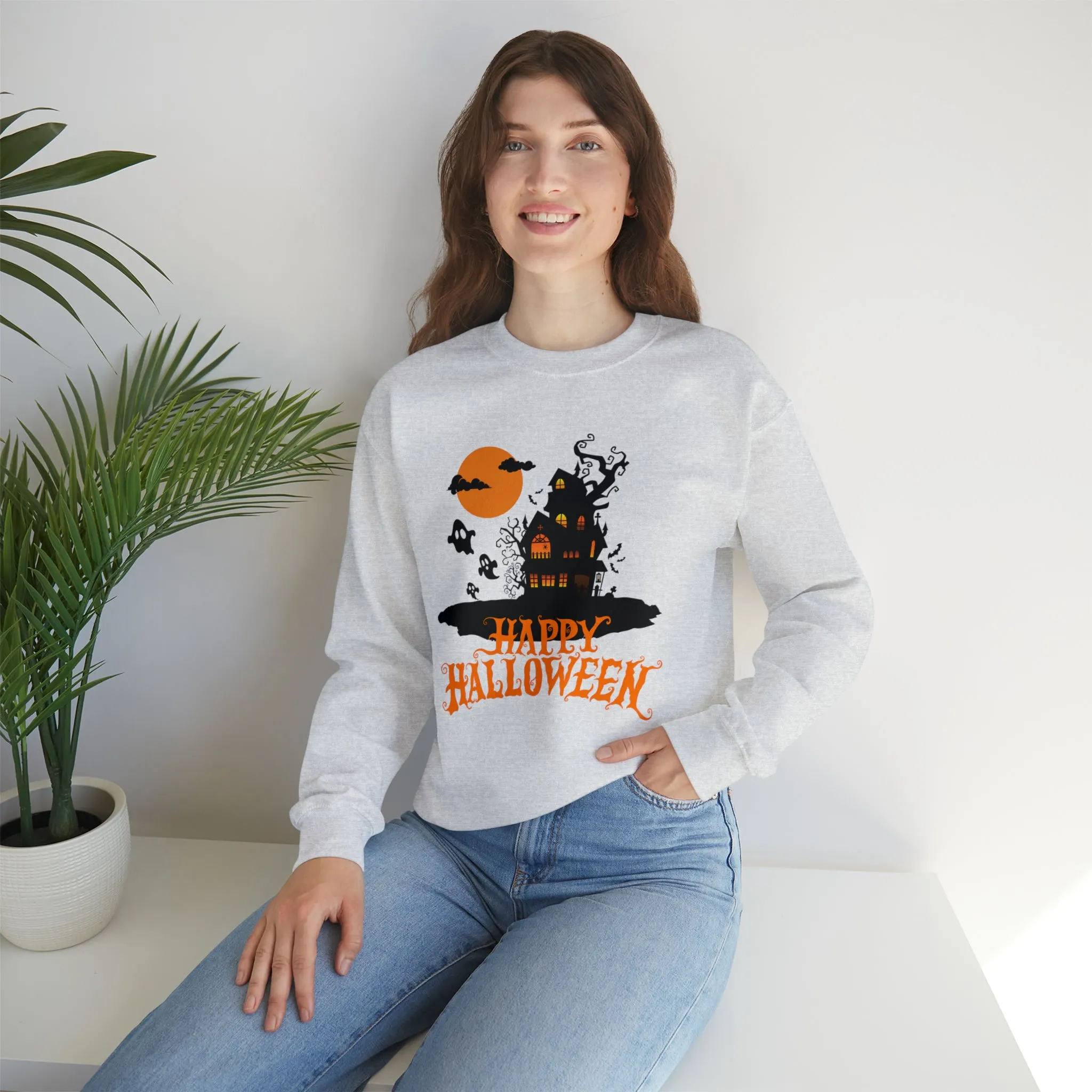 Happy Halloween Scary House Sweatshirt, Haunted Ghost Pullover, Creepy Halloween Crewneck Sweatshirt, Unisex Heavy Blend Sweatshirt