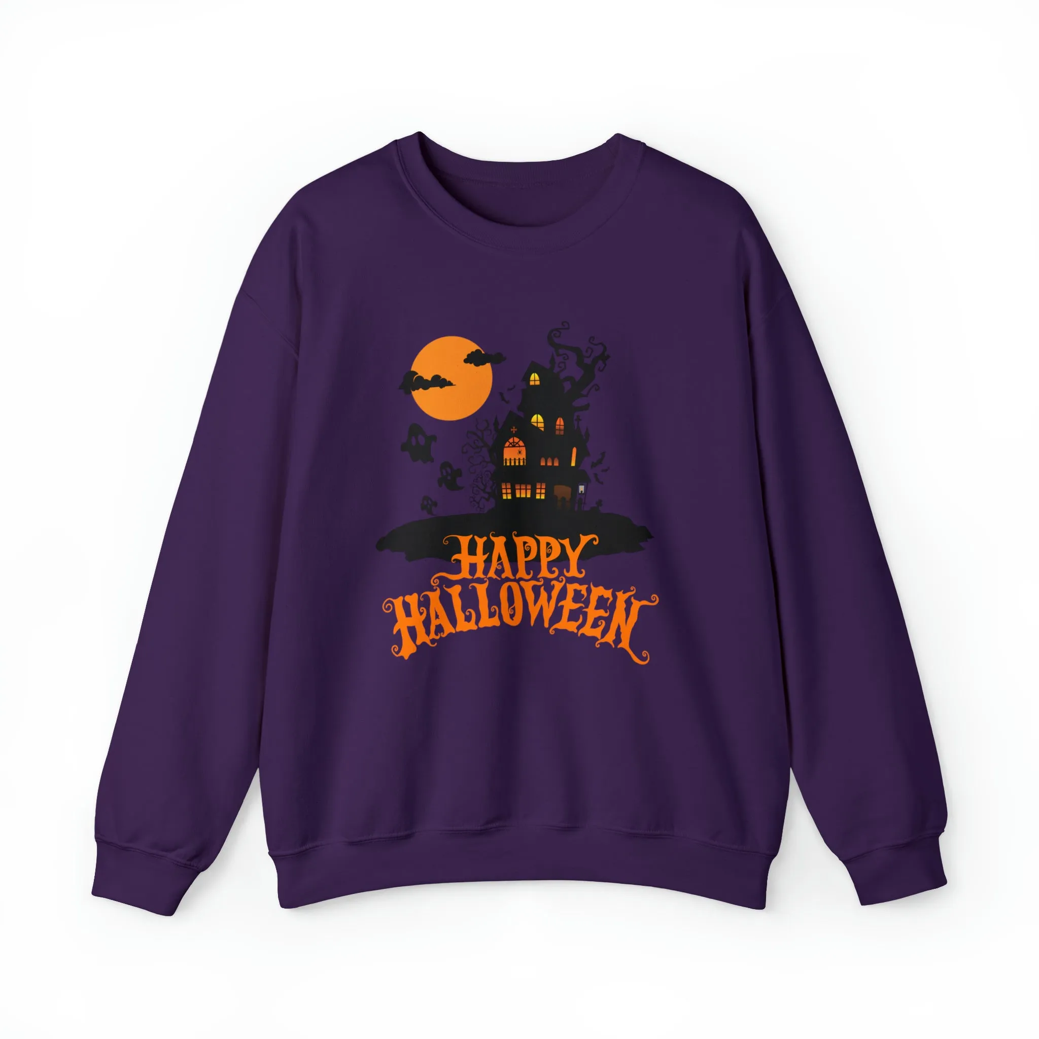 Happy Halloween Scary House Sweatshirt, Haunted Ghost Pullover, Creepy Halloween Crewneck Sweatshirt, Unisex Heavy Blend Sweatshirt