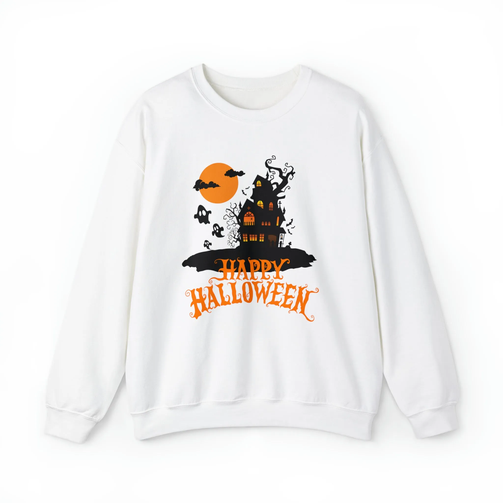 Happy Halloween Scary House Sweatshirt, Haunted Ghost Pullover, Creepy Halloween Crewneck Sweatshirt, Unisex Heavy Blend Sweatshirt