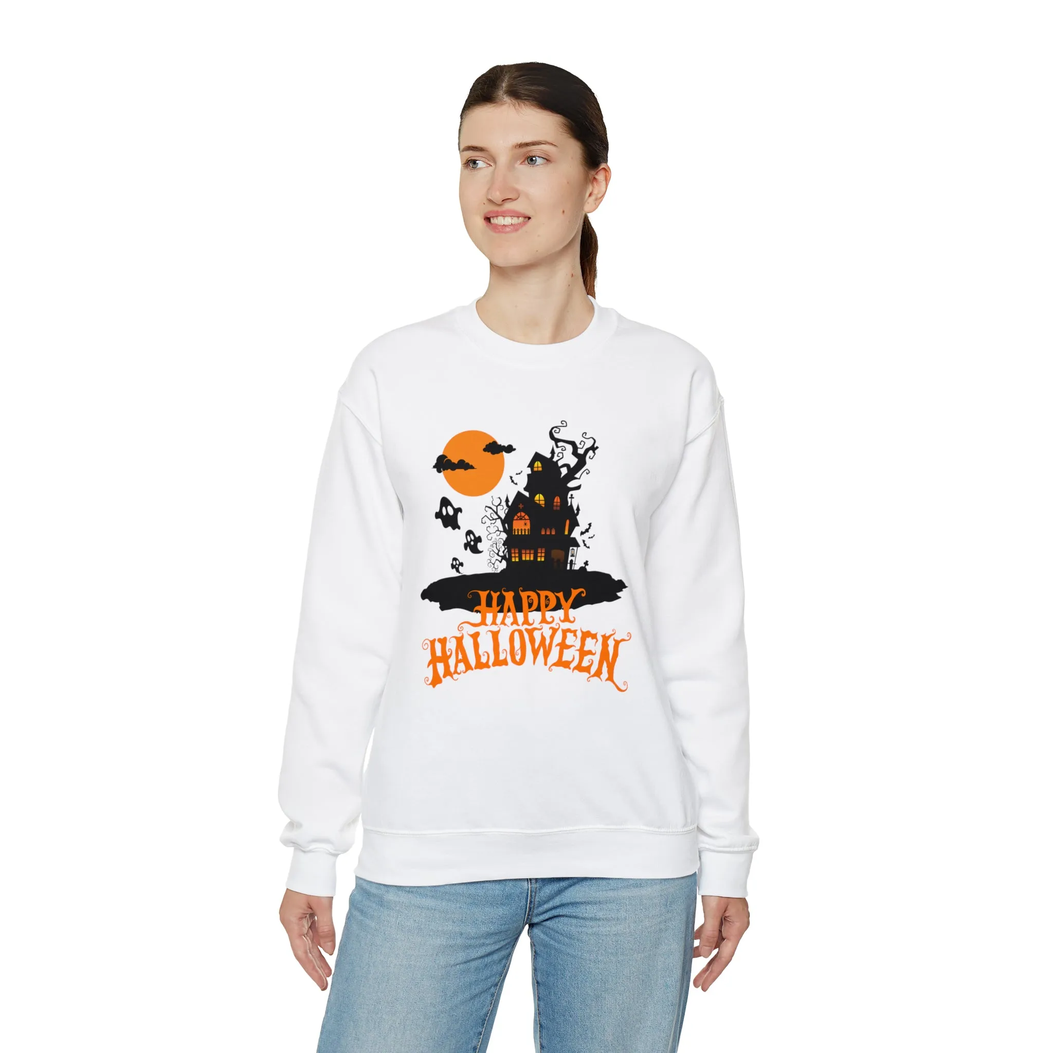 Happy Halloween Scary House Sweatshirt, Haunted Ghost Pullover, Creepy Halloween Crewneck Sweatshirt, Unisex Heavy Blend Sweatshirt