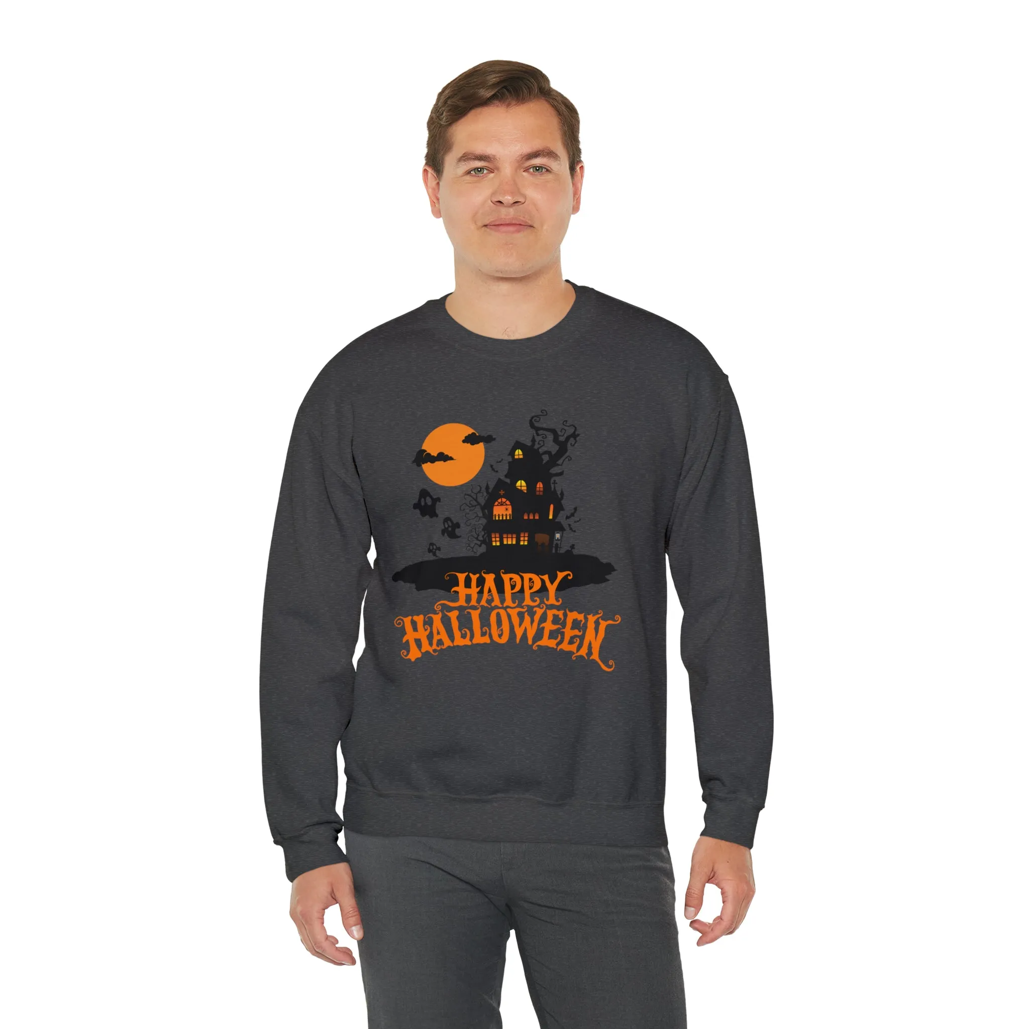 Happy Halloween Scary House Sweatshirt, Haunted Ghost Pullover, Creepy Halloween Crewneck Sweatshirt, Unisex Heavy Blend Sweatshirt