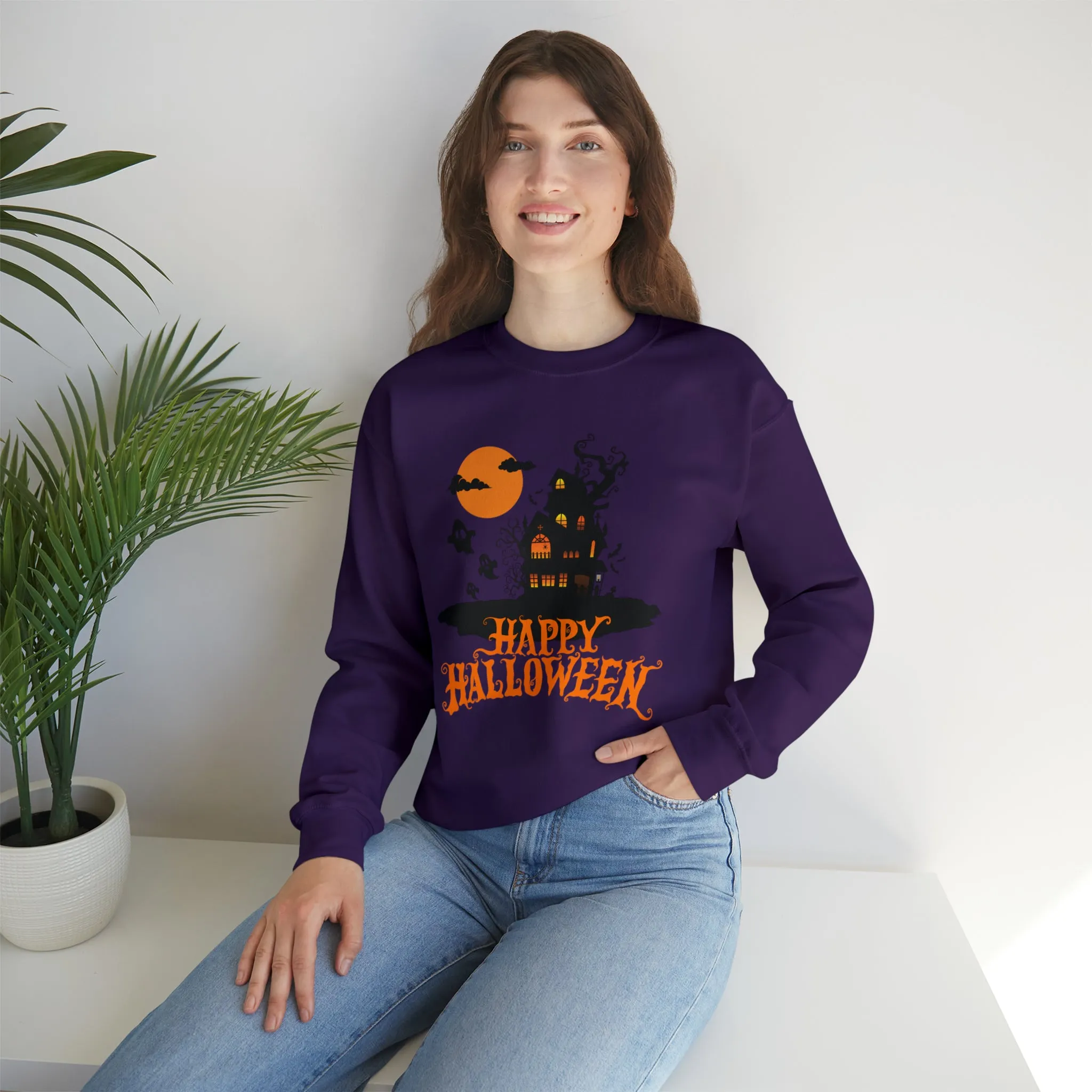 Happy Halloween Scary House Sweatshirt, Haunted Ghost Pullover, Creepy Halloween Crewneck Sweatshirt, Unisex Heavy Blend Sweatshirt