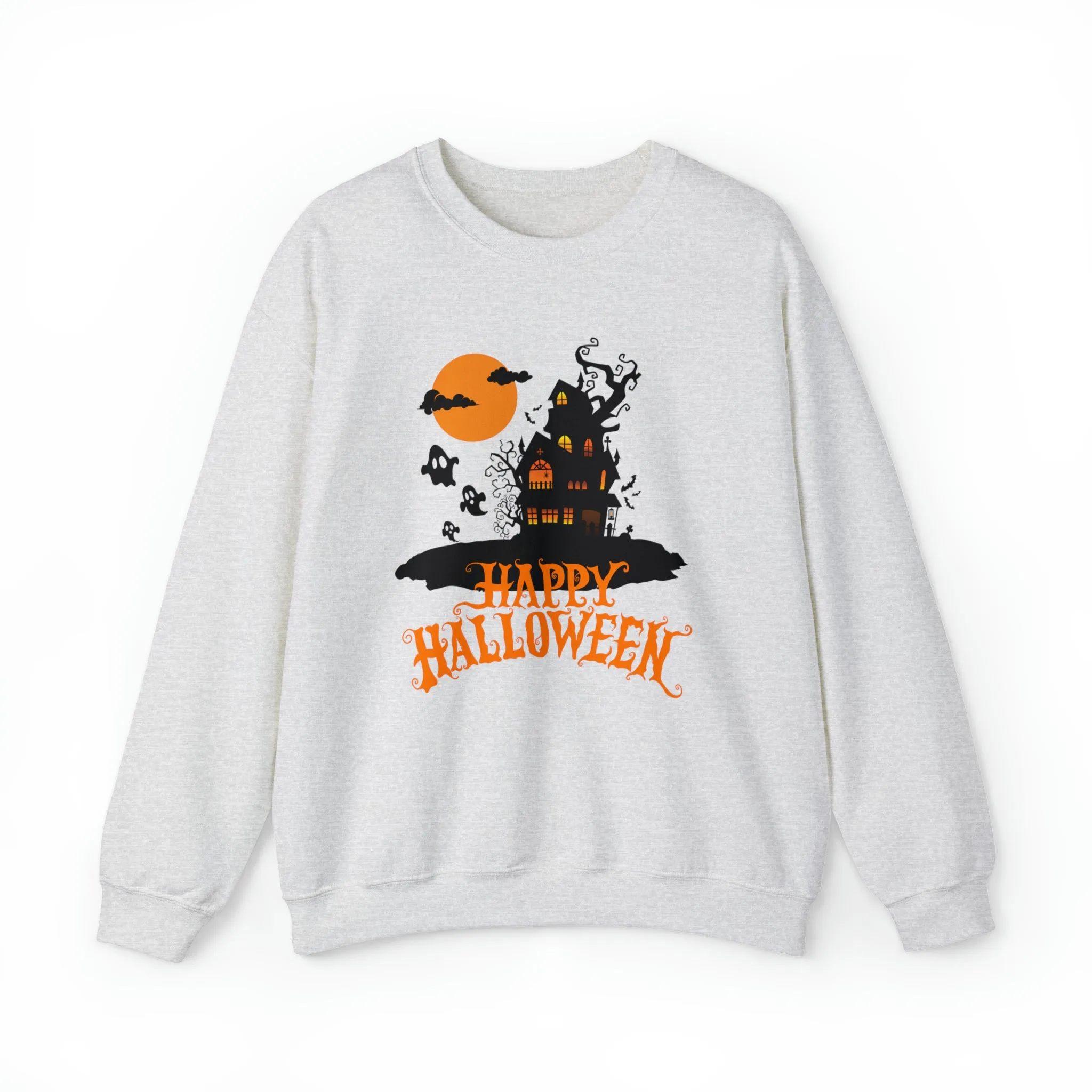 Happy Halloween Scary House Sweatshirt, Haunted Ghost Pullover, Creepy Halloween Crewneck Sweatshirt, Unisex Heavy Blend Sweatshirt
