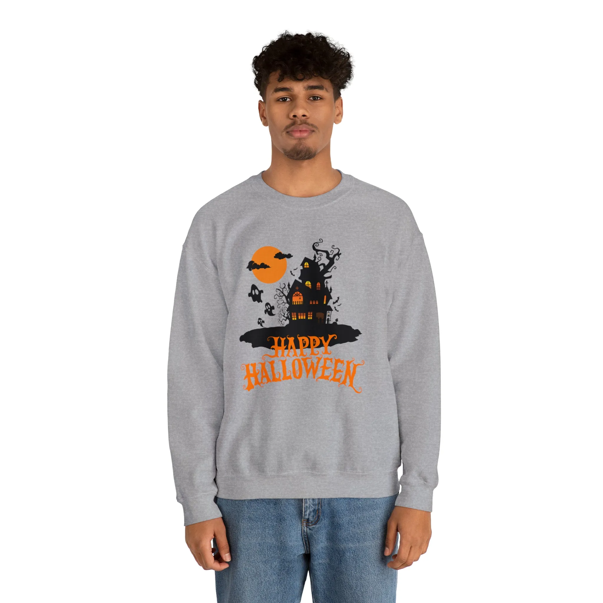 Happy Halloween Scary House Sweatshirt, Haunted Ghost Pullover, Creepy Halloween Crewneck Sweatshirt, Unisex Heavy Blend Sweatshirt