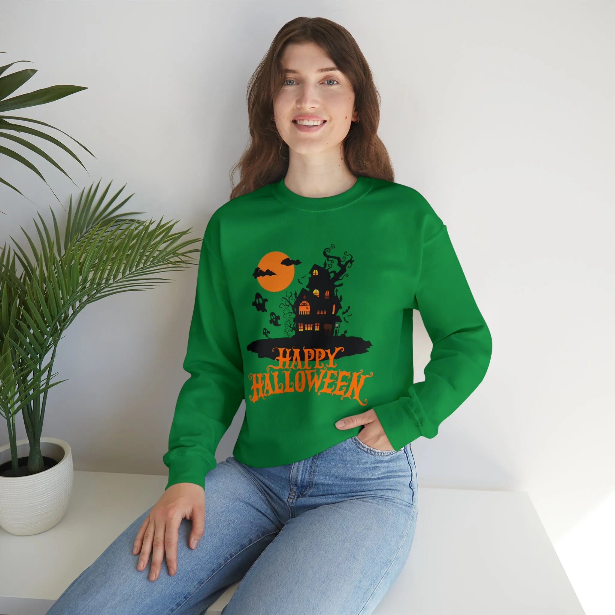 Happy Halloween Scary House Sweatshirt, Haunted Ghost Pullover, Creepy Halloween Crewneck Sweatshirt, Unisex Heavy Blend Sweatshirt