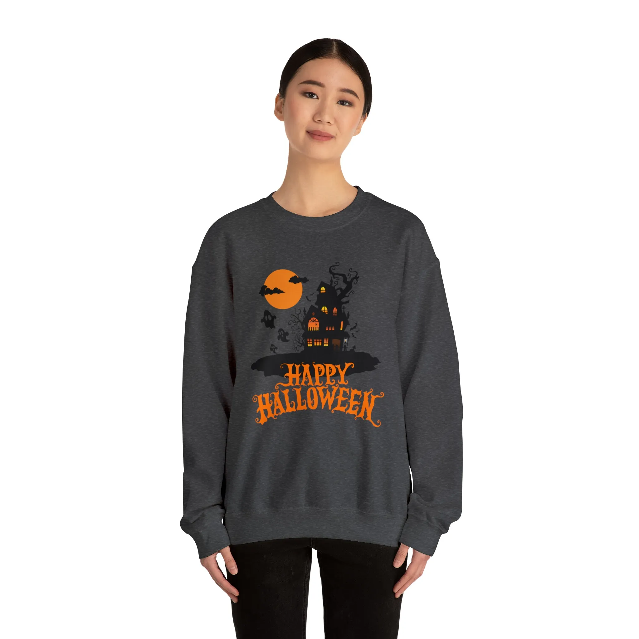 Happy Halloween Scary House Sweatshirt, Haunted Ghost Pullover, Creepy Halloween Crewneck Sweatshirt, Unisex Heavy Blend Sweatshirt