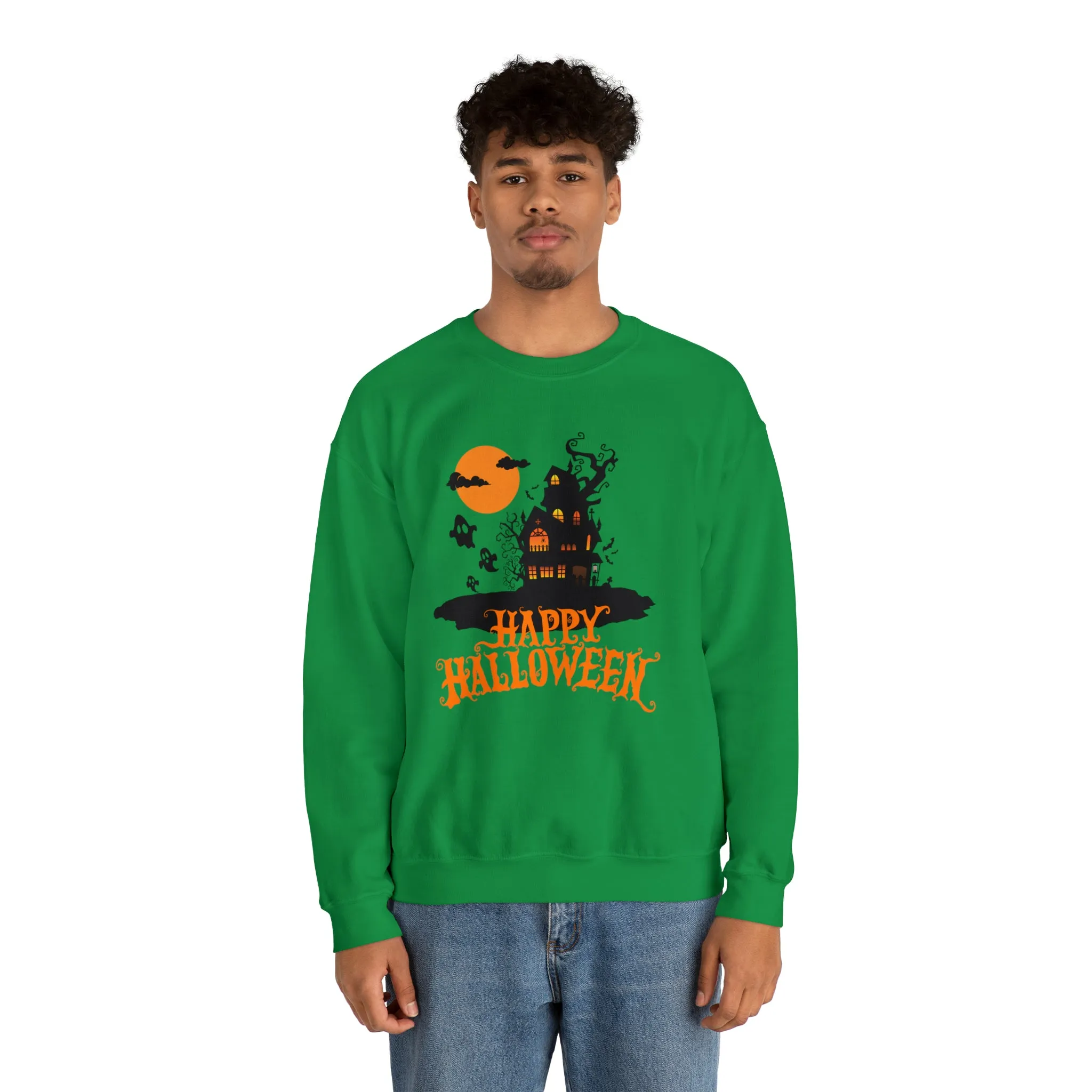 Happy Halloween Scary House Sweatshirt, Haunted Ghost Pullover, Creepy Halloween Crewneck Sweatshirt, Unisex Heavy Blend Sweatshirt