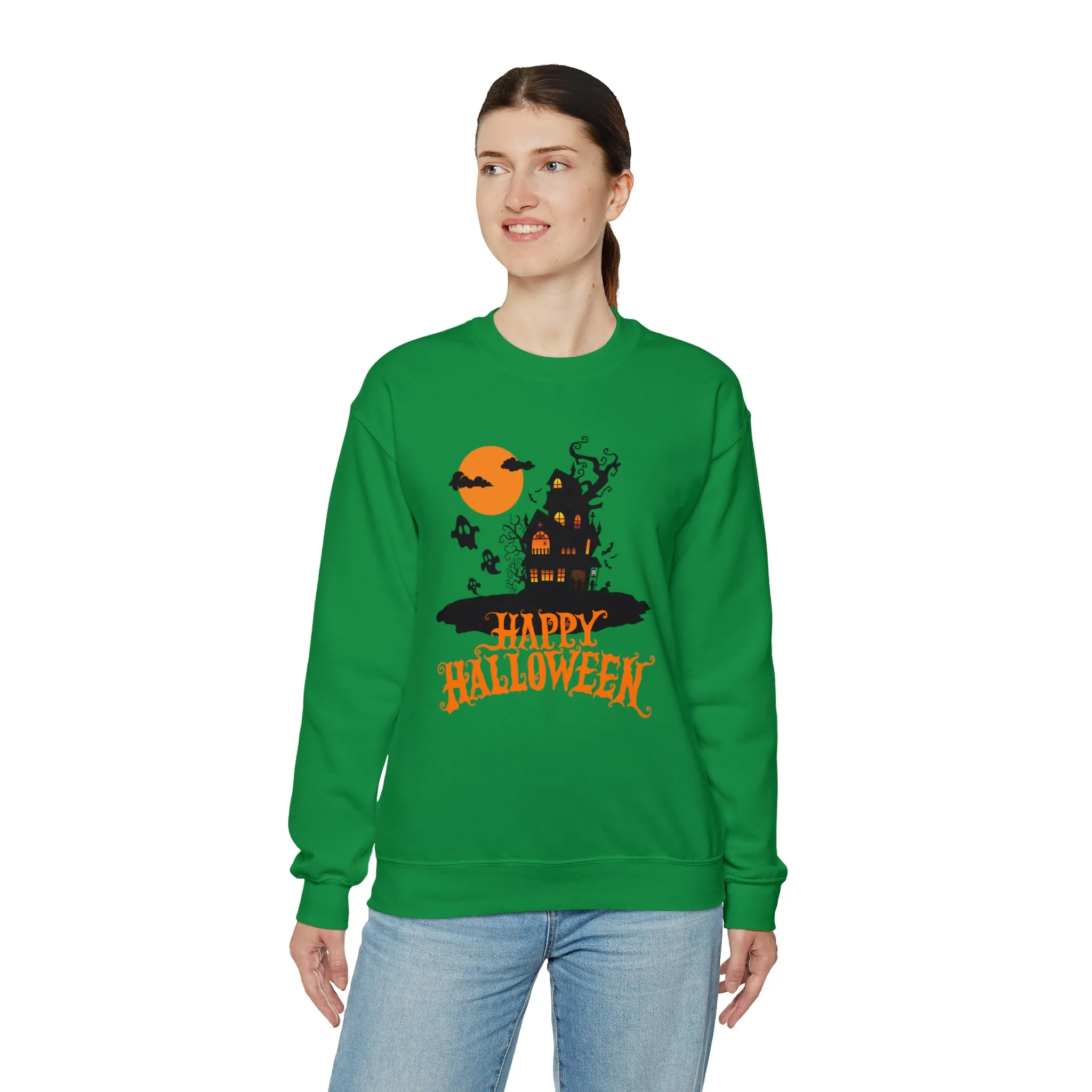 Happy Halloween Scary House Sweatshirt, Haunted Ghost Pullover, Creepy Halloween Crewneck Sweatshirt, Unisex Heavy Blend Sweatshirt