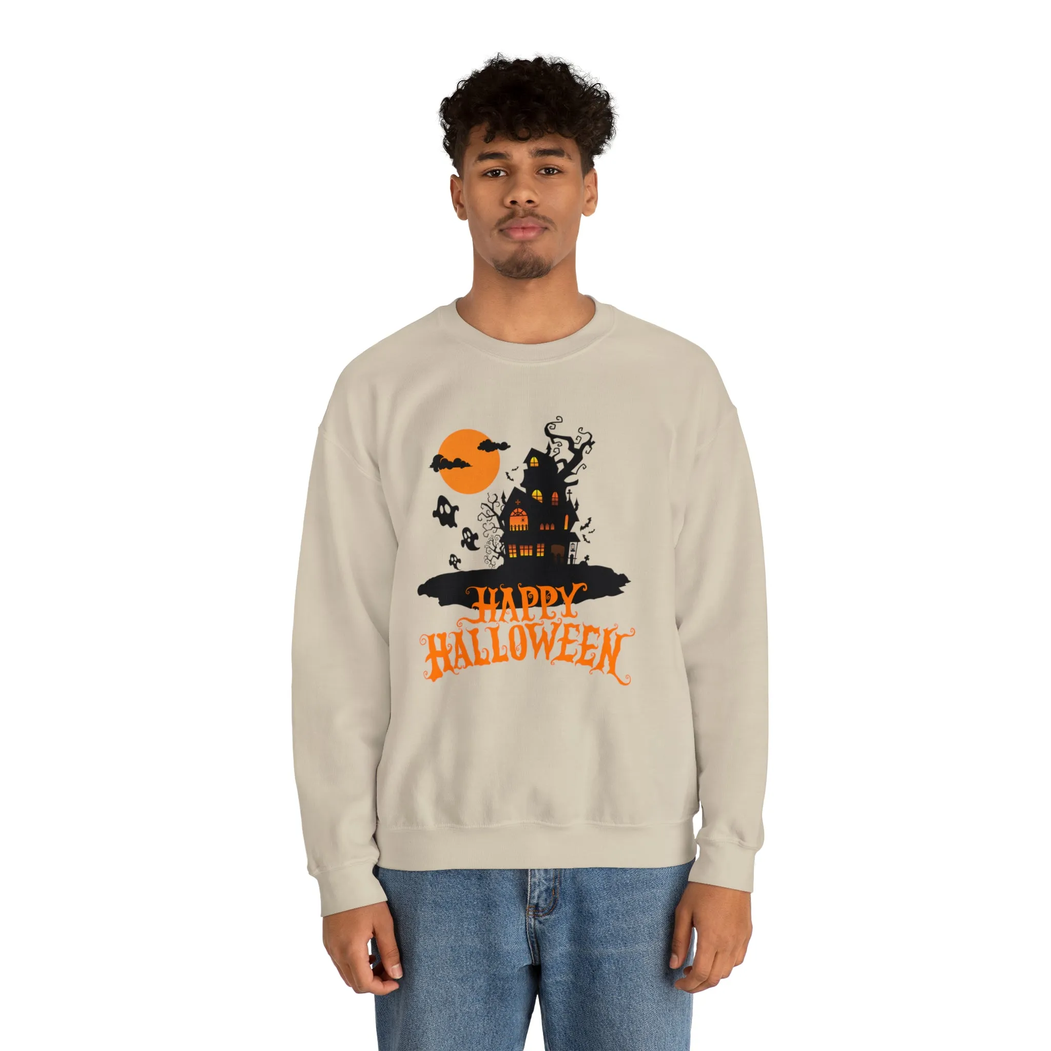 Happy Halloween Scary House Sweatshirt, Haunted Ghost Pullover, Creepy Halloween Crewneck Sweatshirt, Unisex Heavy Blend Sweatshirt