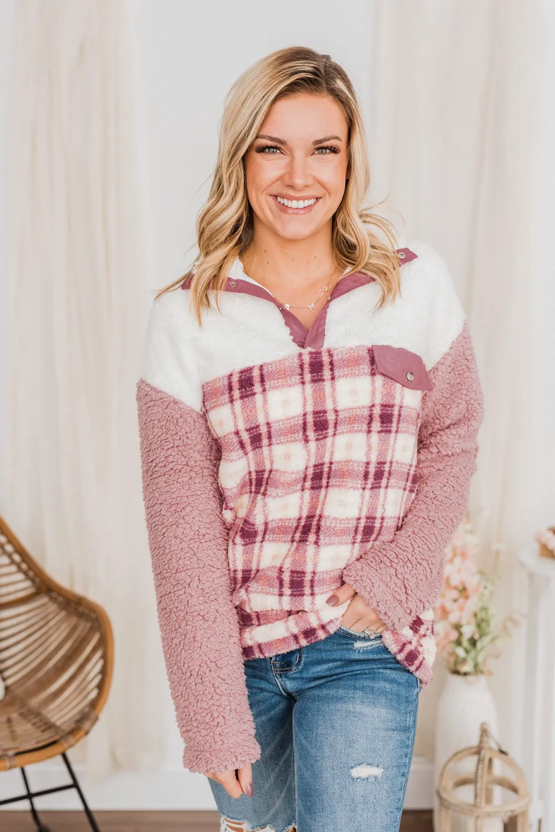 Happy Life Sherpa Pullover- Pink & Ivory
