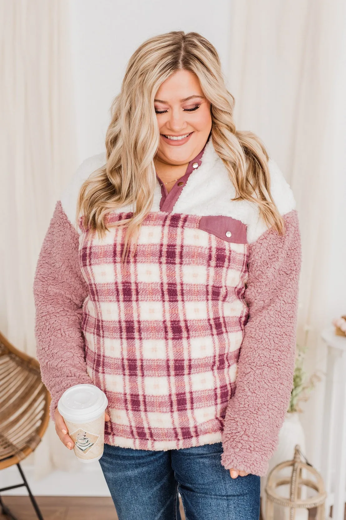 Happy Life Sherpa Pullover- Pink & Ivory