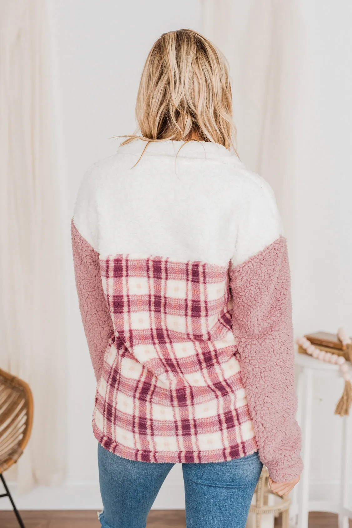 Happy Life Sherpa Pullover- Pink & Ivory
