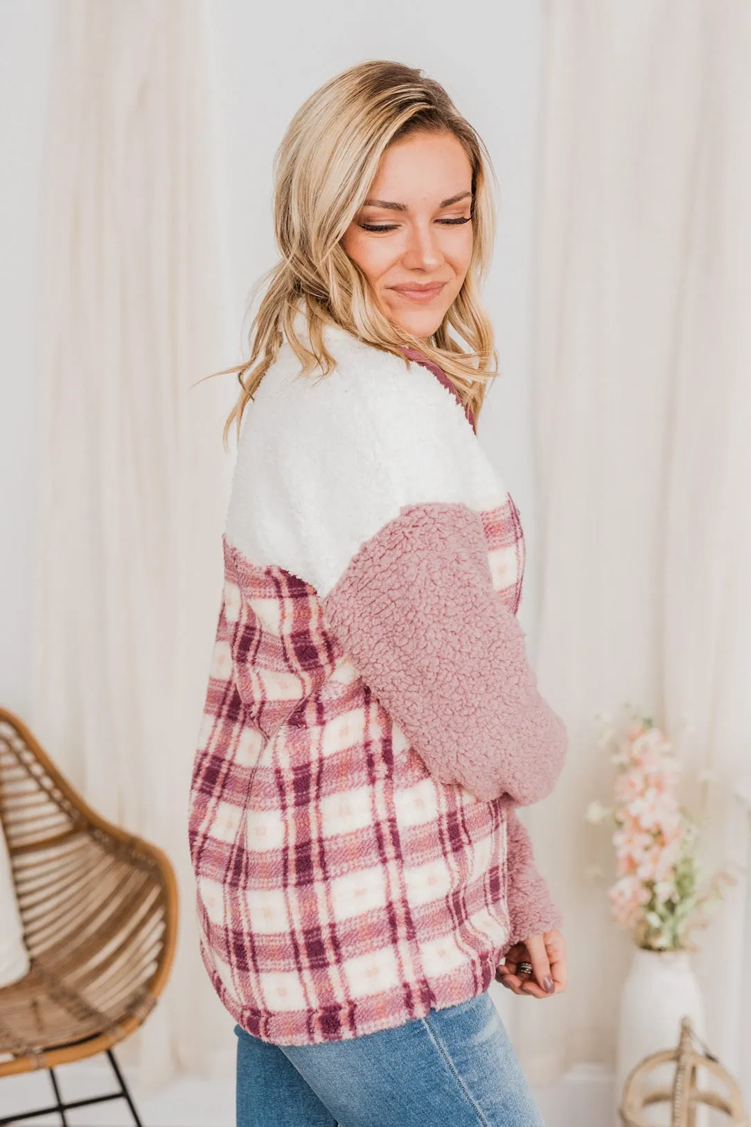 Happy Life Sherpa Pullover- Pink & Ivory