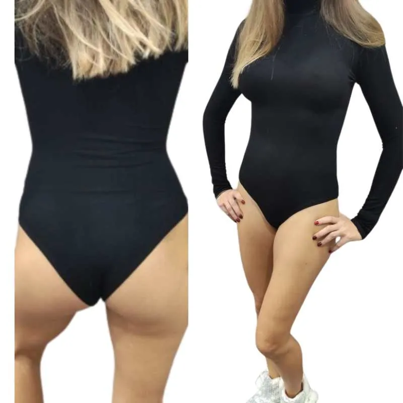 High Neck Long Sleeve Bodysuit in Black
