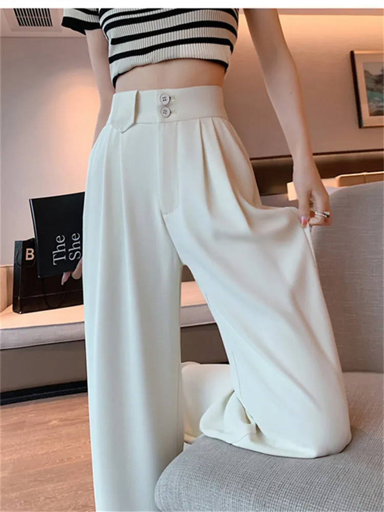 High Waist Button Up Loose Office Long Pants