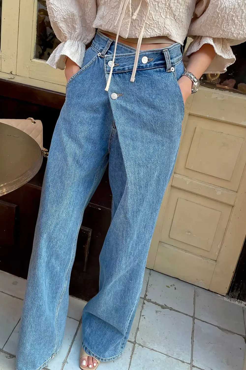 High Waist Irregular Button Jeans Pants