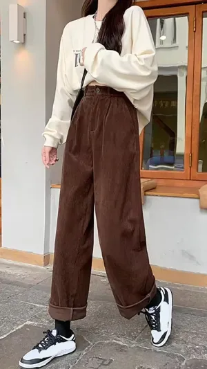 High Waist Vintage Corduroy Long Pants