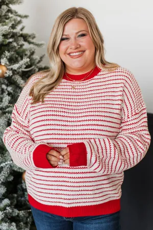 Holiday Happenings Waffle Knit Sweater- Red & White
