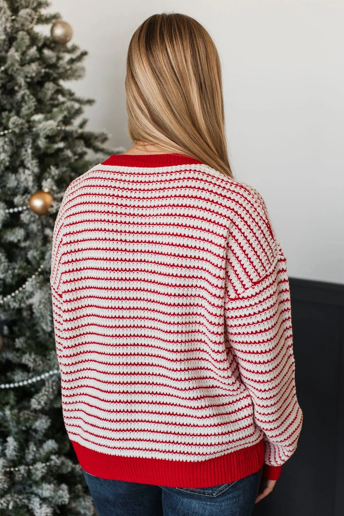 Holiday Happenings Waffle Knit Sweater- Red & White