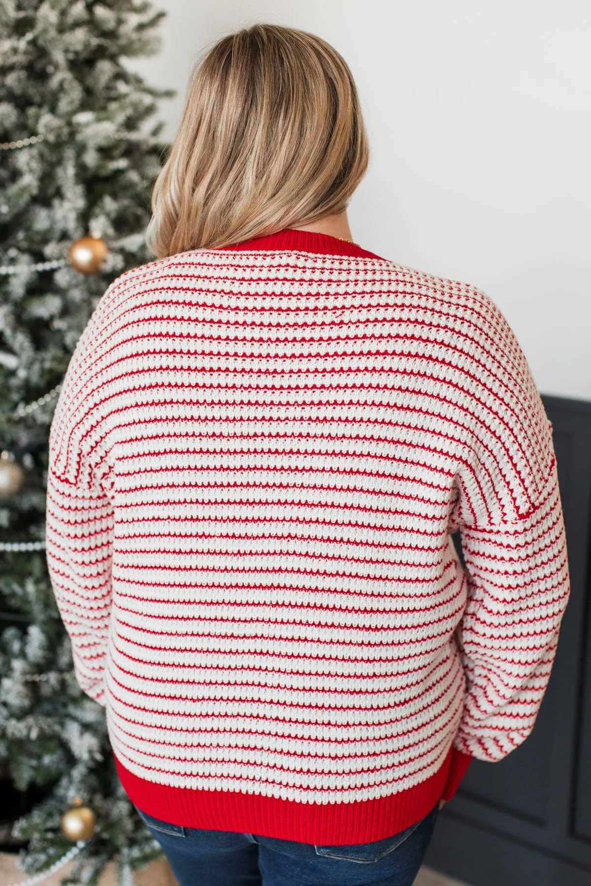 Holiday Happenings Waffle Knit Sweater- Red & White