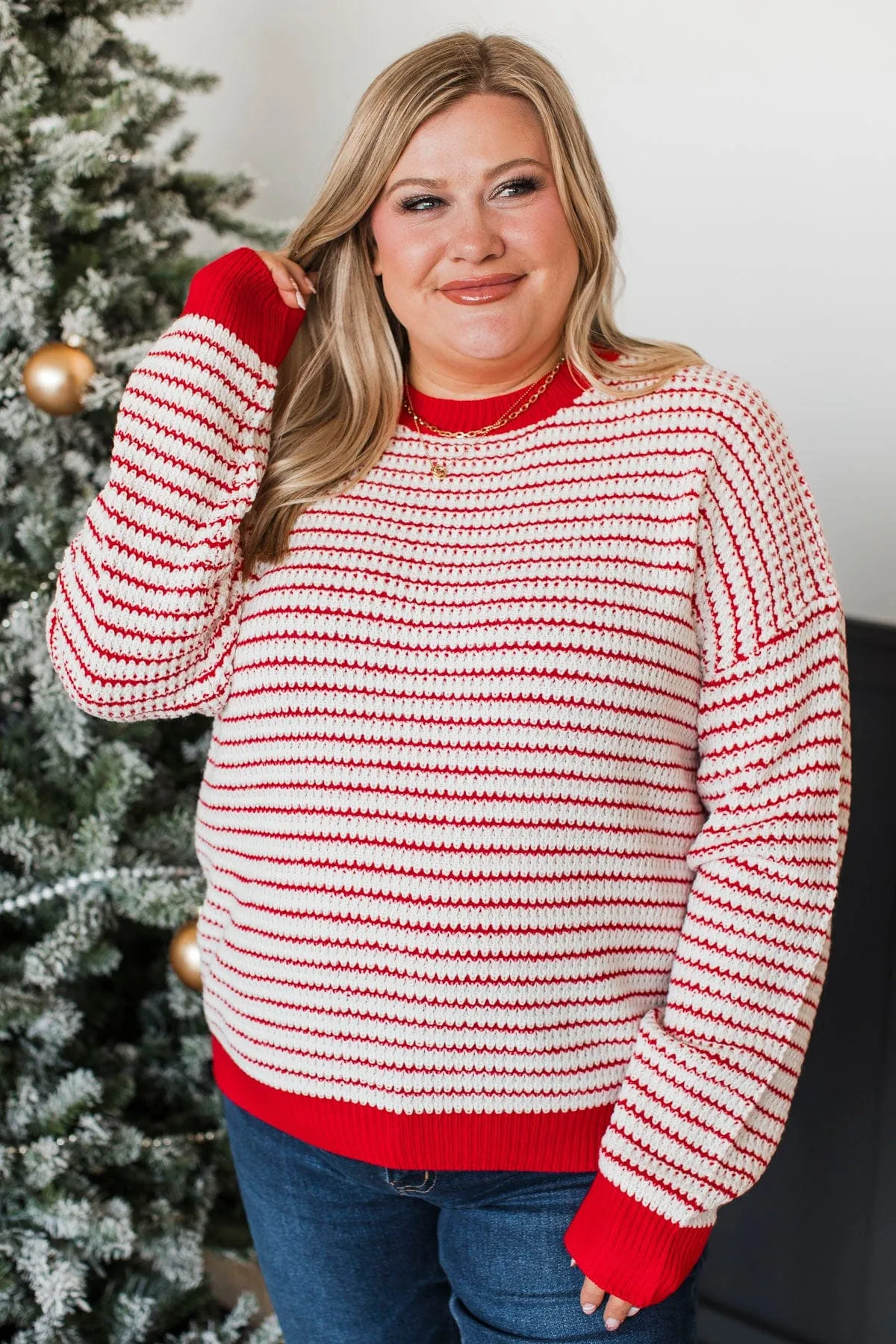 Holiday Happenings Waffle Knit Sweater- Red & White
