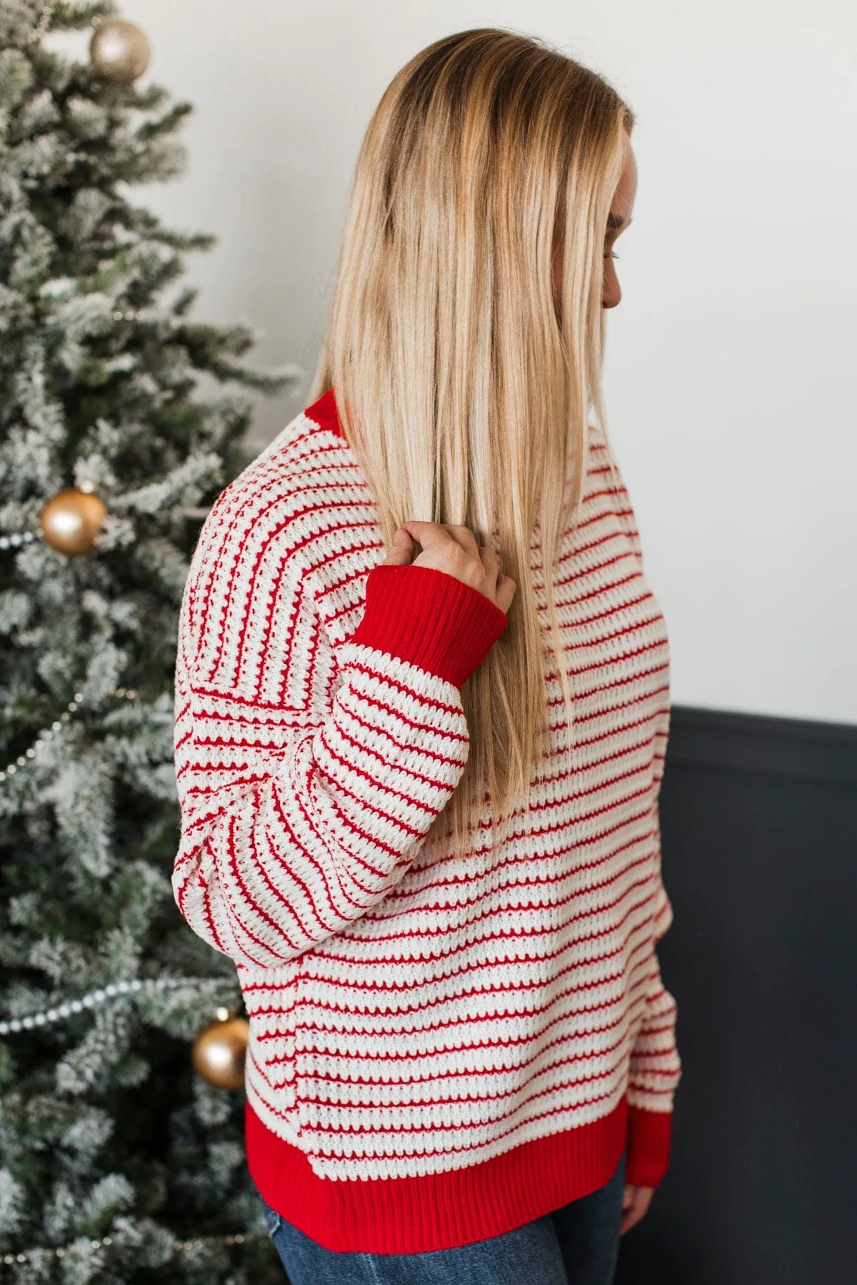 Holiday Happenings Waffle Knit Sweater- Red & White