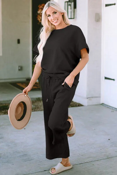 Jenelle Full Size Texture Short Sleeve Top and Pants Set